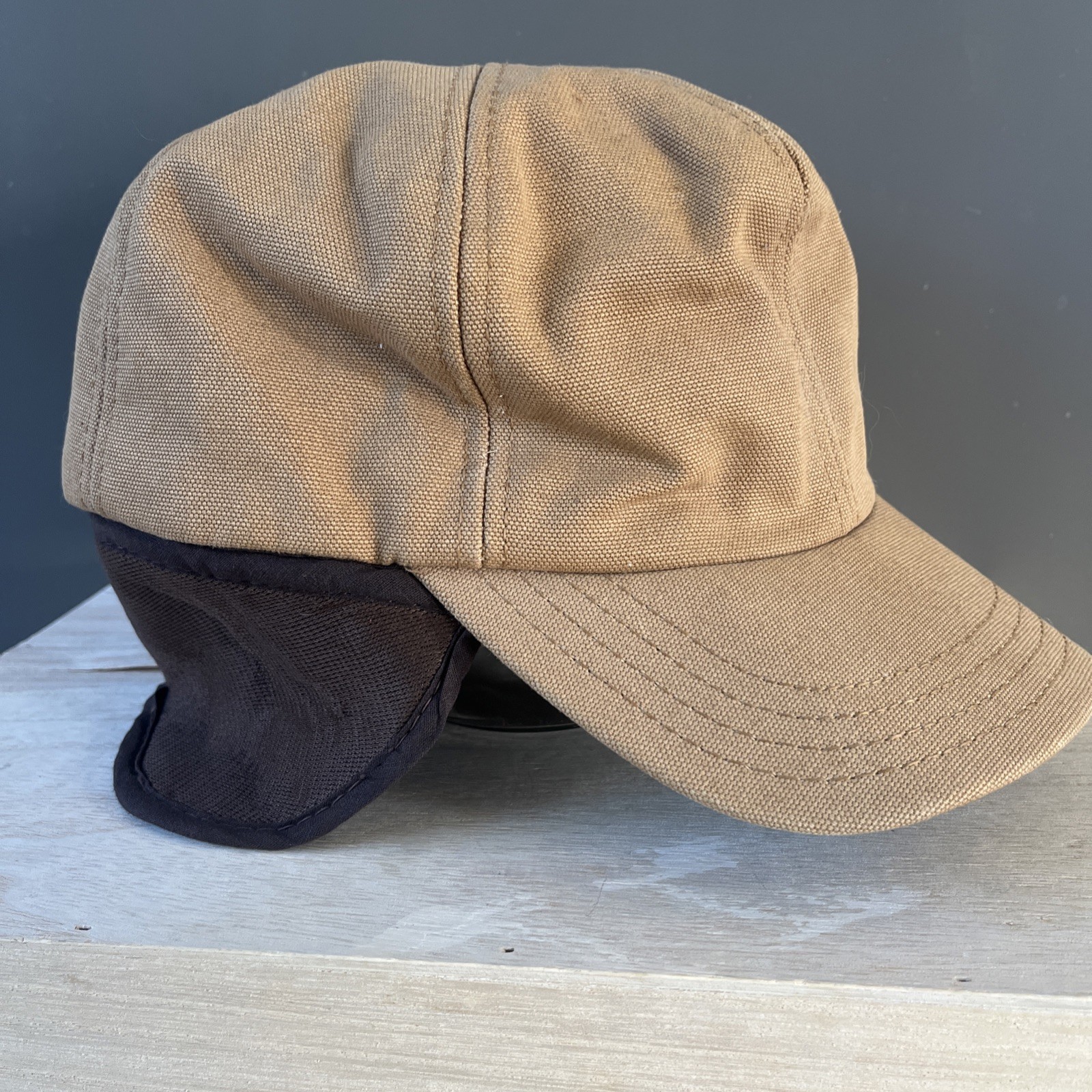 Vintage Duck Canvas Winter Ear Flap Hunting Hat Cap Brown Quilted Lined USA L