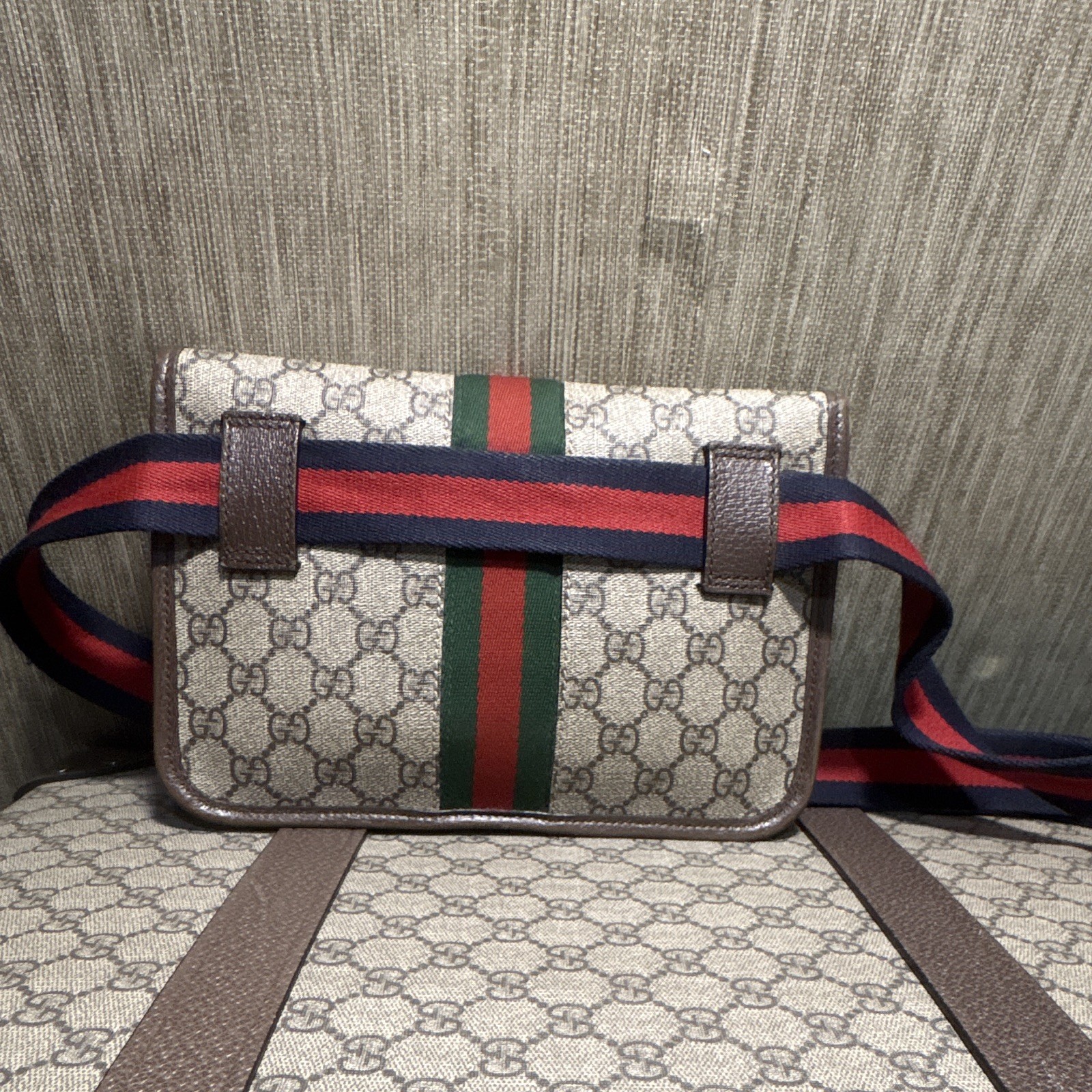 Gucci GG Monogram Ophidia Crossbody Belt Bag Adjustable Strap Gold Hardware