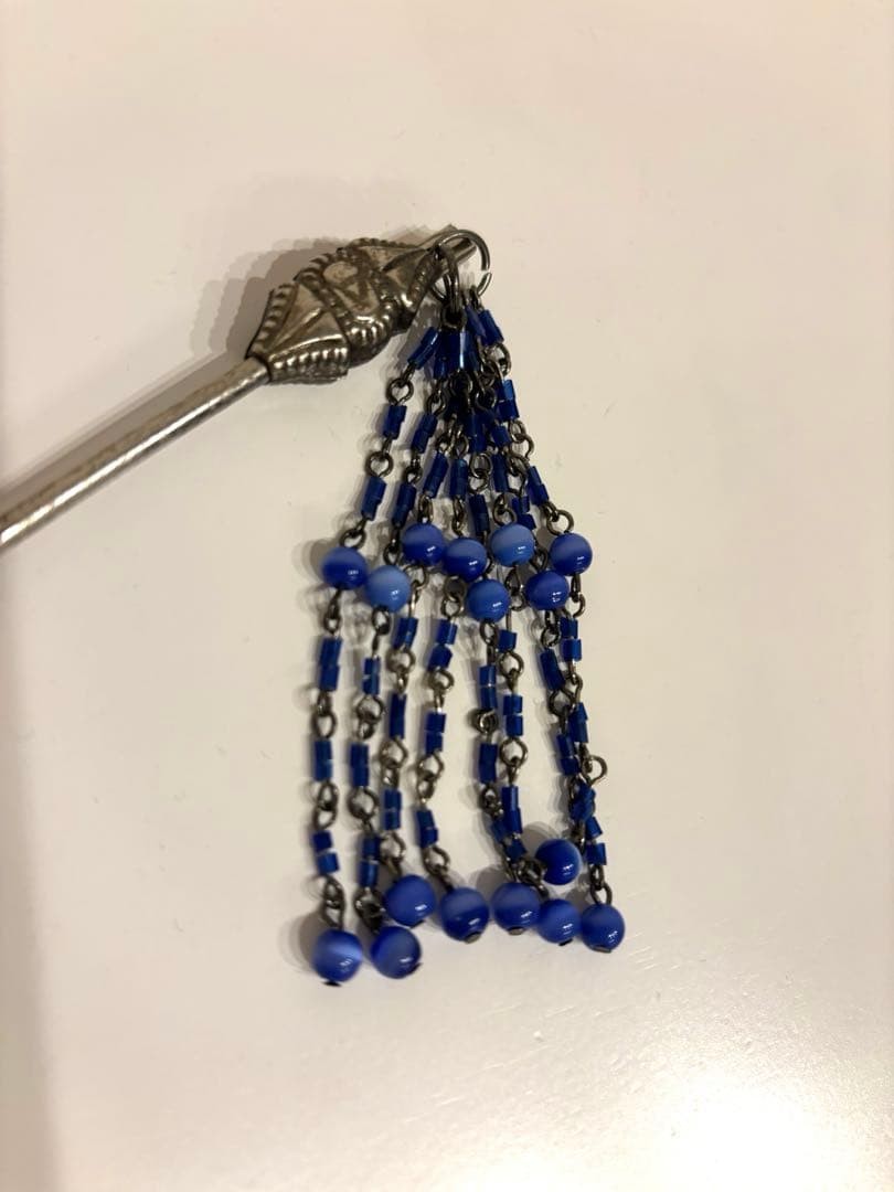 Asian Style Blue Hairpin with Bead Fringe, 14cm Adjustable Clamp