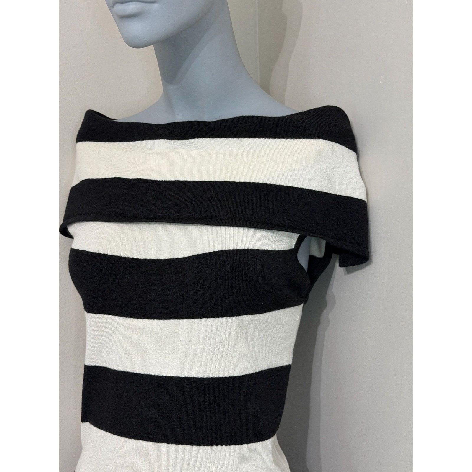 Black and White Striped Bodycon Sweater Dress Off Shoulder Cowl Neck Mini