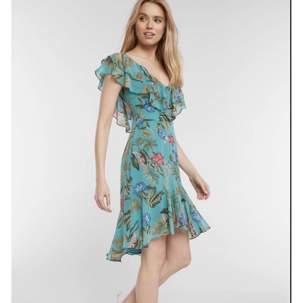 WAYF Chelsea Ruffle High/low Dress Teal Sz M Garden Fairycore Feminine Tropical