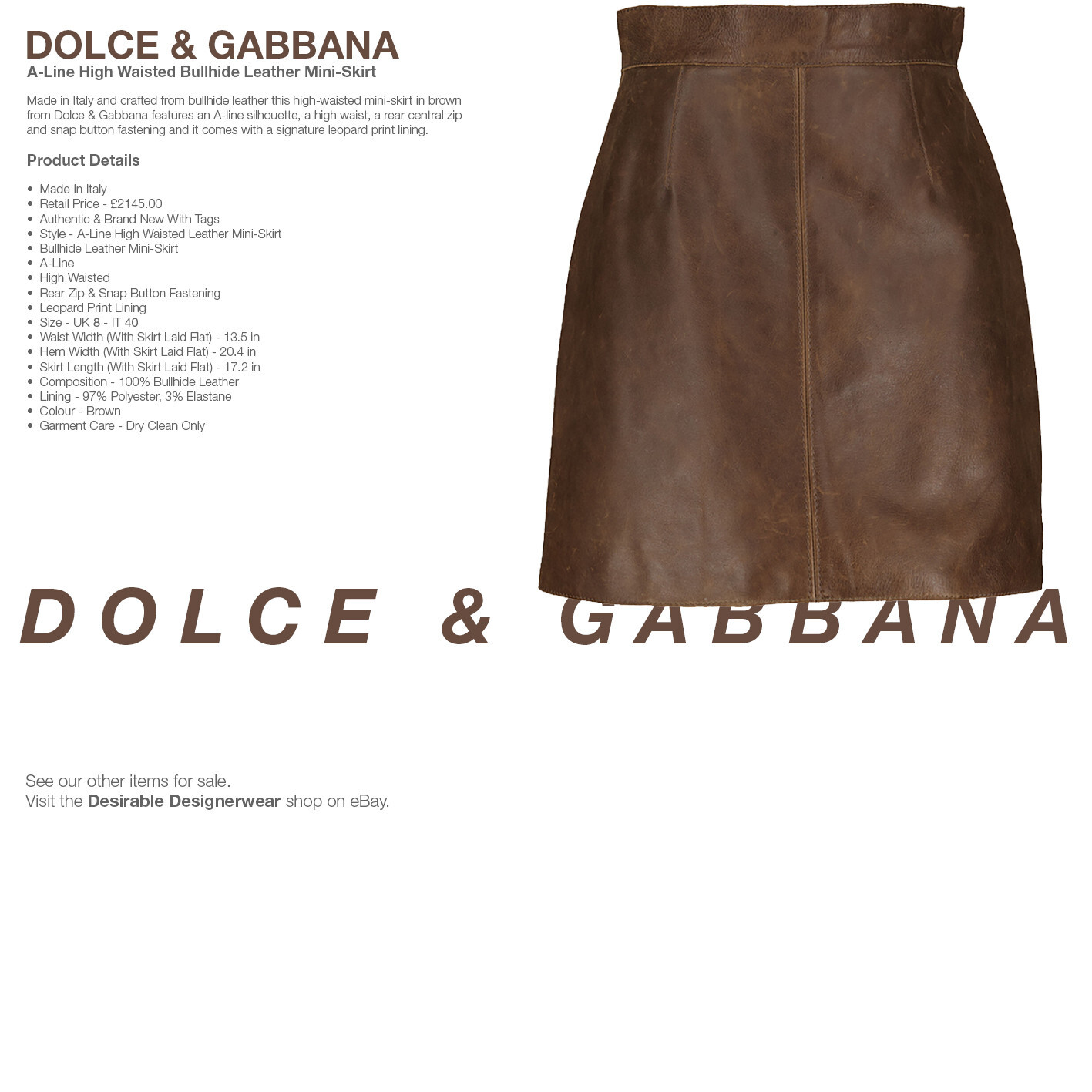 DOLCE & GABBANA Leather Mini Skirt High Waist Brown Size 40 – RP £2145.00