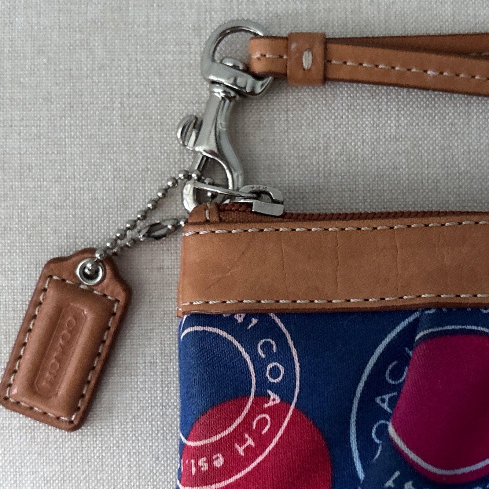 COACH Polka Dot Leah F14667 Red White & Blue Satin Large Wristlet Tan Leather