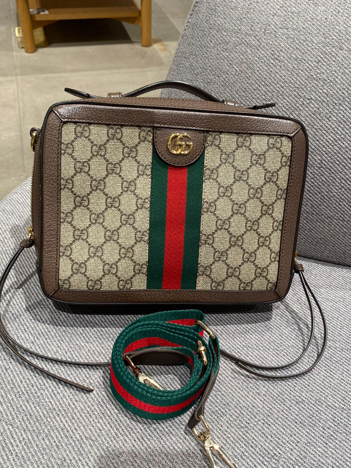 Authentic Gucci Ophidia Small Camera Bag GG Supreme Coated Canvas with Leather