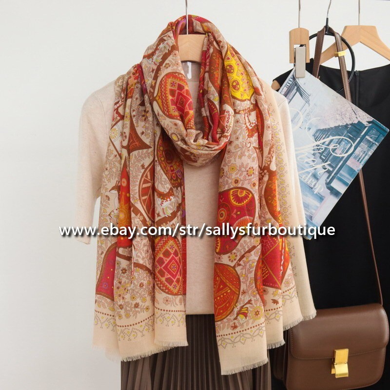 Sallys 200s Cashmere Thin Scarf Wrap Shawl Leaves Print Soft Delicate 78″*39″