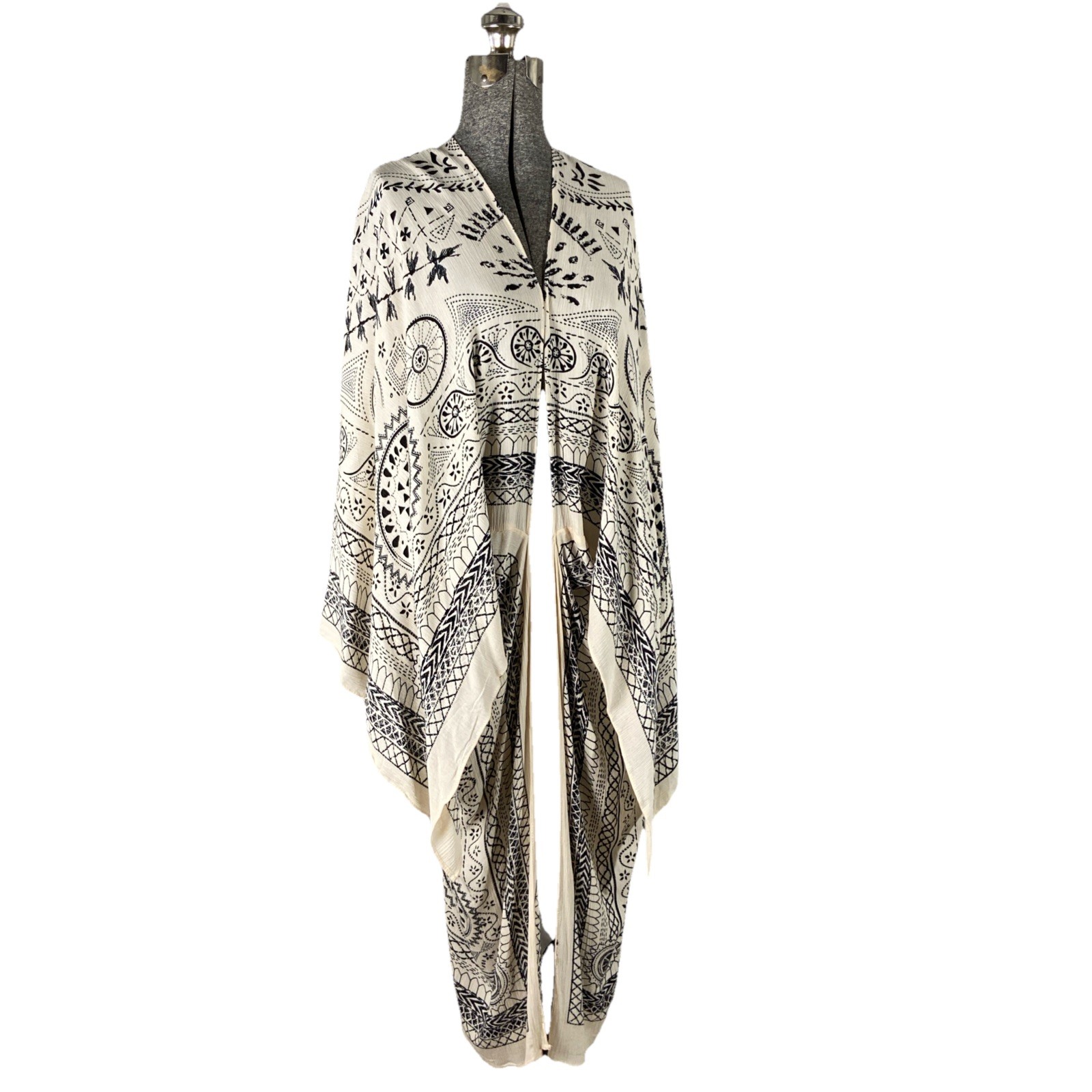 Angie Long Kimono Duster Ivory Black Print Women OS Boho Chic Beachcore Festival