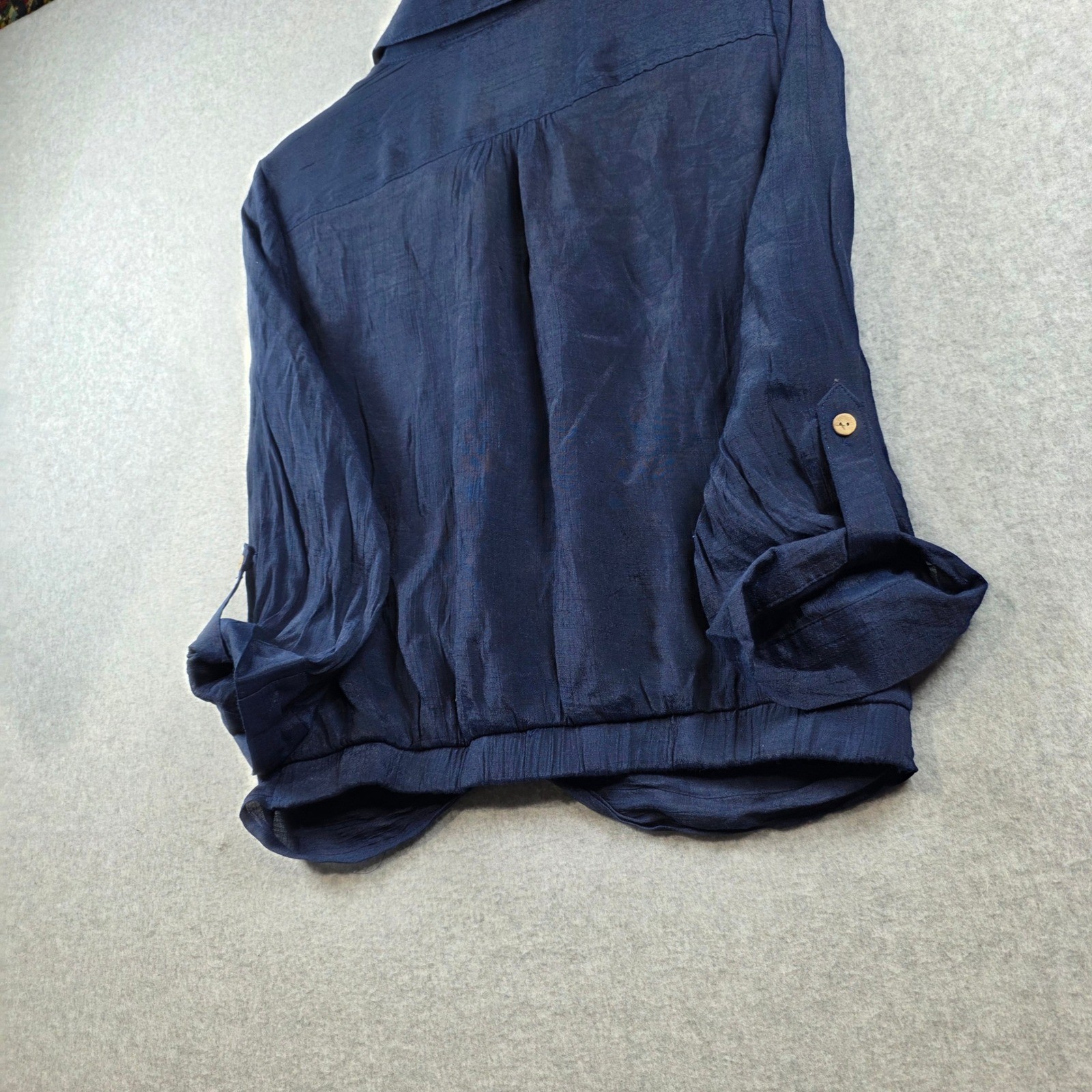 B-Wear Women Navy Blue Twist Front Roll Tab Sleeve Button Up Blouse Size M