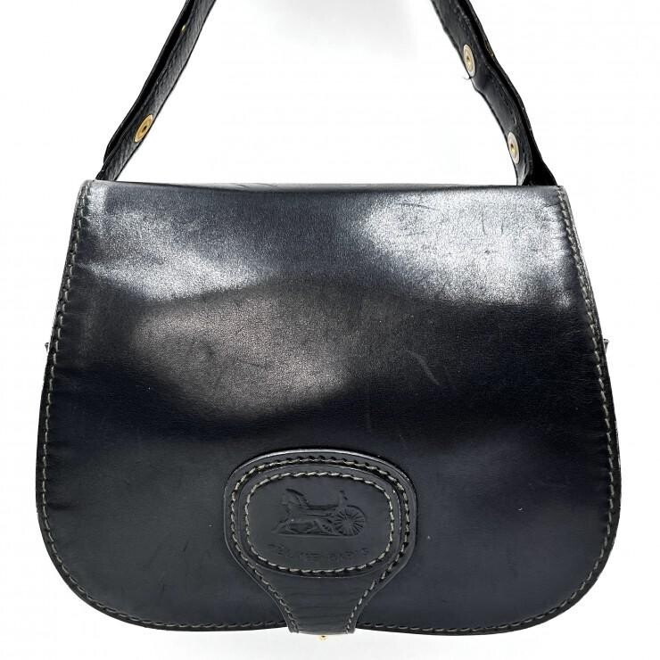 CELINE Vintage Horse Carriage Black Leather Shoulder Bag Gold Hardware Women