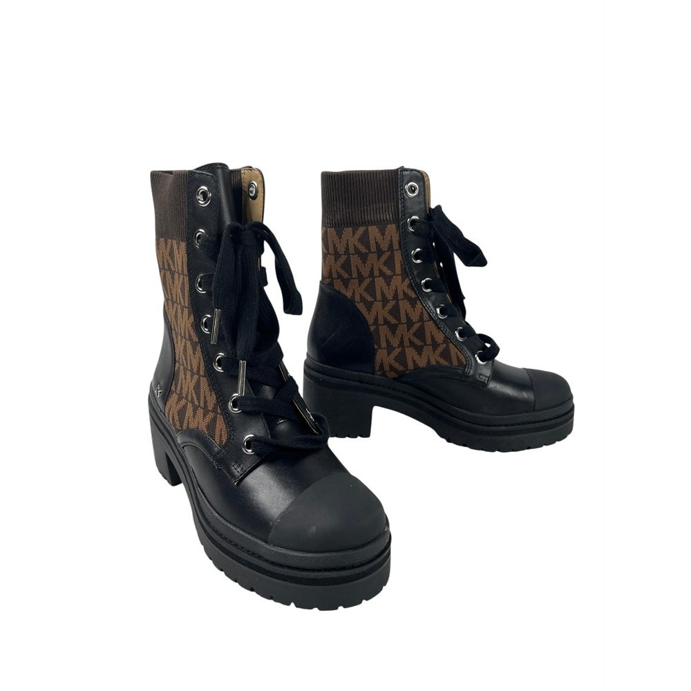 Michael Kors Brea Black Leather & Brown Logo Jacquard Combat Boots 6M