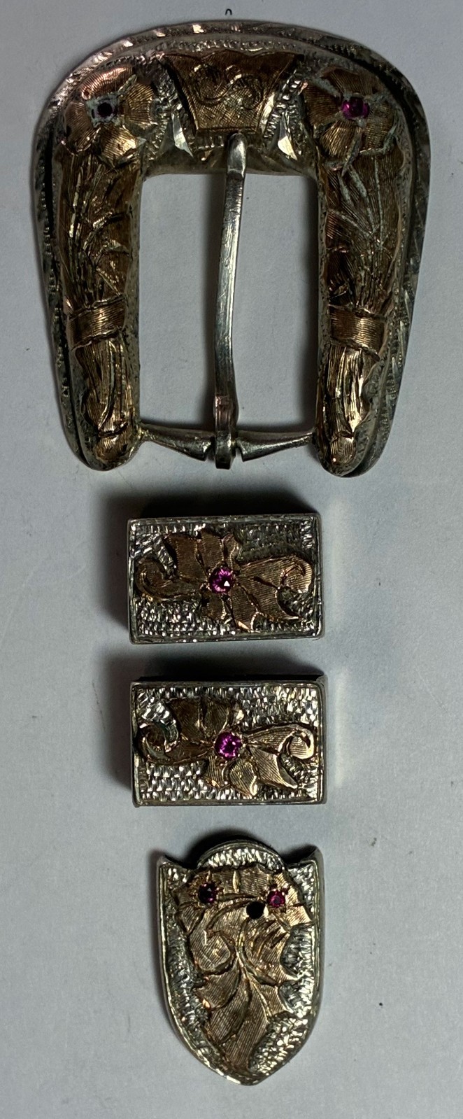 Sterling RMS Mexico Two Tone Buckle Set Pink Stone Filigree 49mm x 43mm
