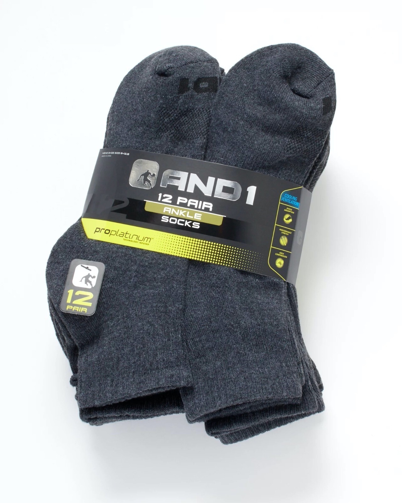 AND1® Men’s Cushion ANKLE Socks 12 pack “ARCH COMPRESSION~Reinforced heel & Toe”