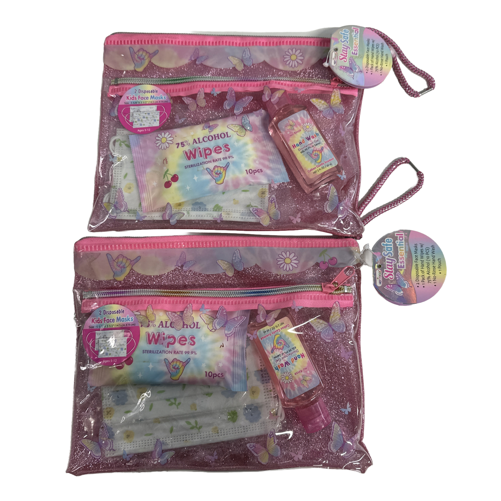 2-PACK Pink Pouches with Hand Wipes, Hand Wash, Face Masks Ages 5-12 Kids Pack