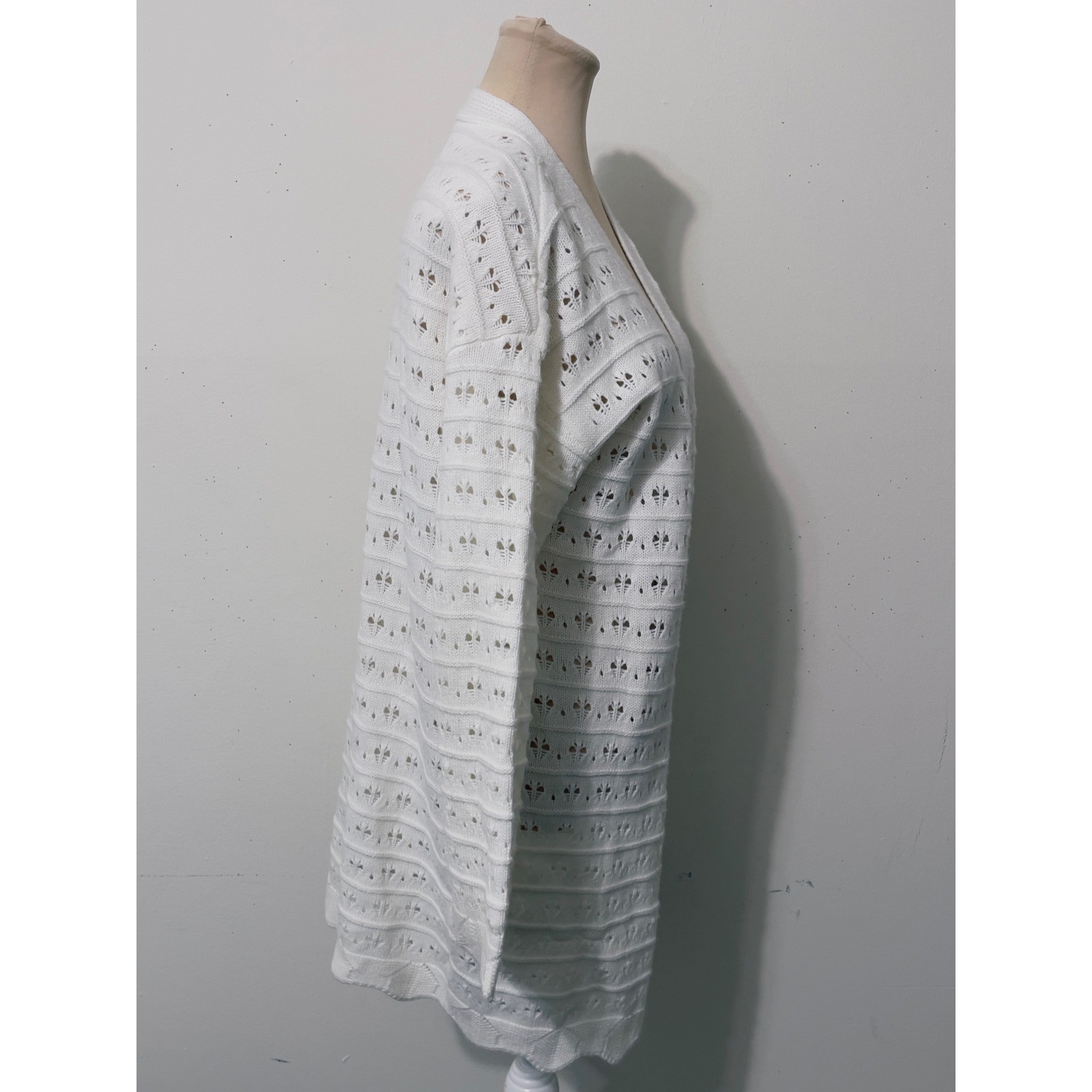 Womens White Pointelle Knit Open Front Longline Cardigan Medium Preppy Coastal