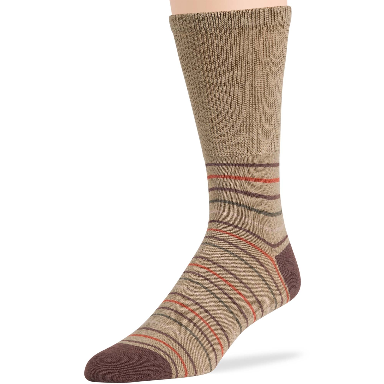 Men Diabetic Wide Cotton Crew Sock 5 Pack Large-Stripe Khaki, Brown, Beige