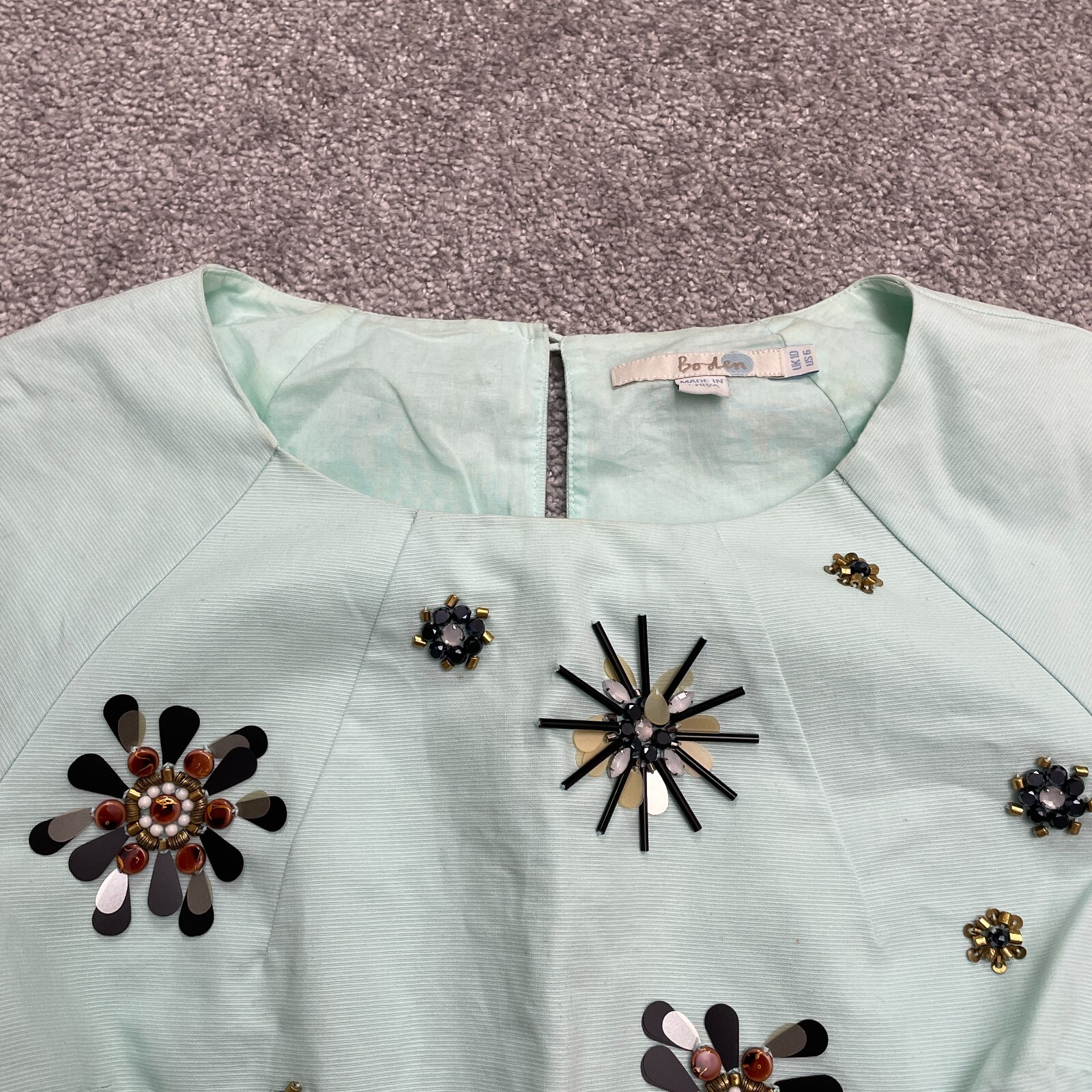 Boden Embellished Beaded Floral Top Blouse Womens 10 Min Green Cotton Stretch