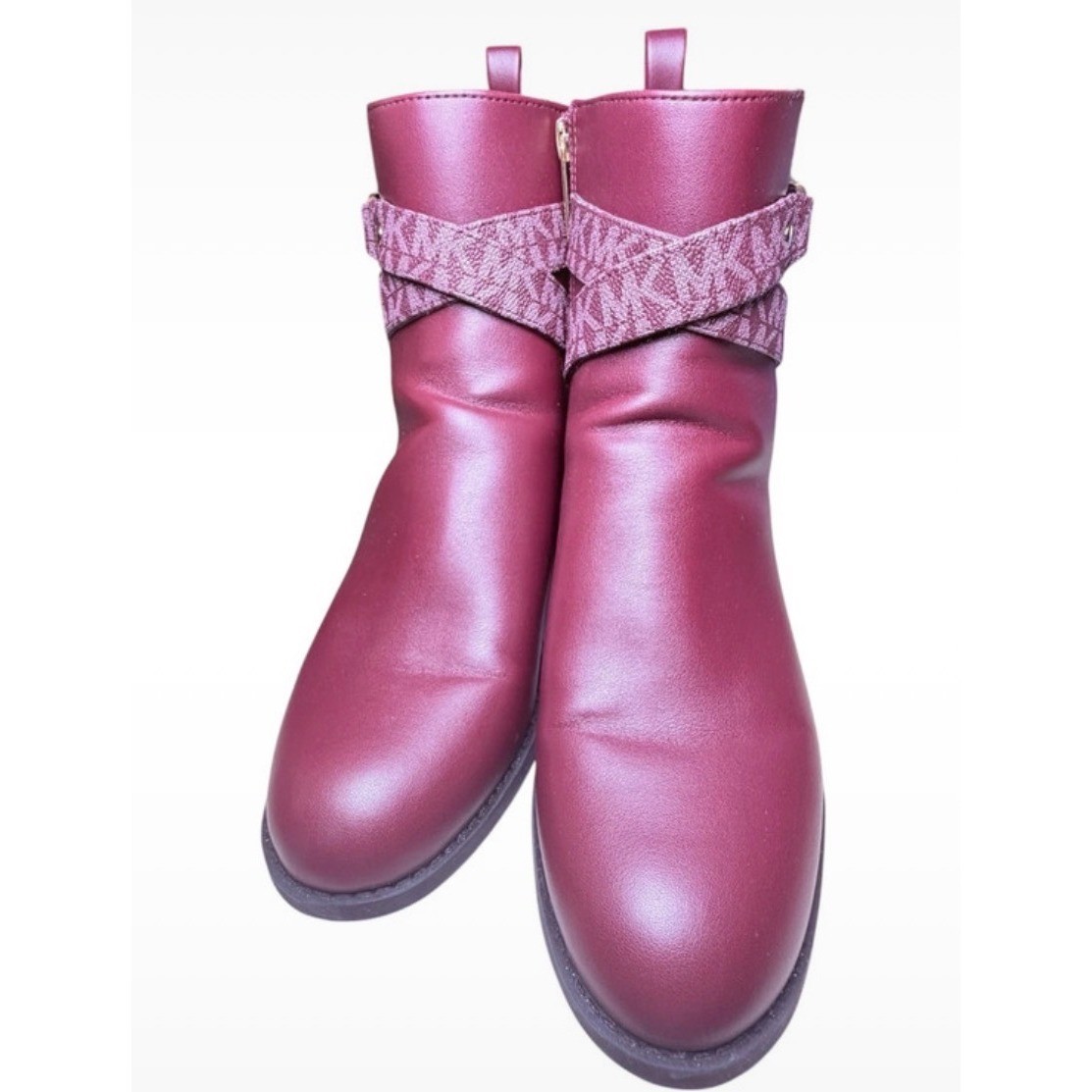 Michael Kors Womens Merlot Monogram Ankle Boots Gold MK Logo Buckle Side Zip