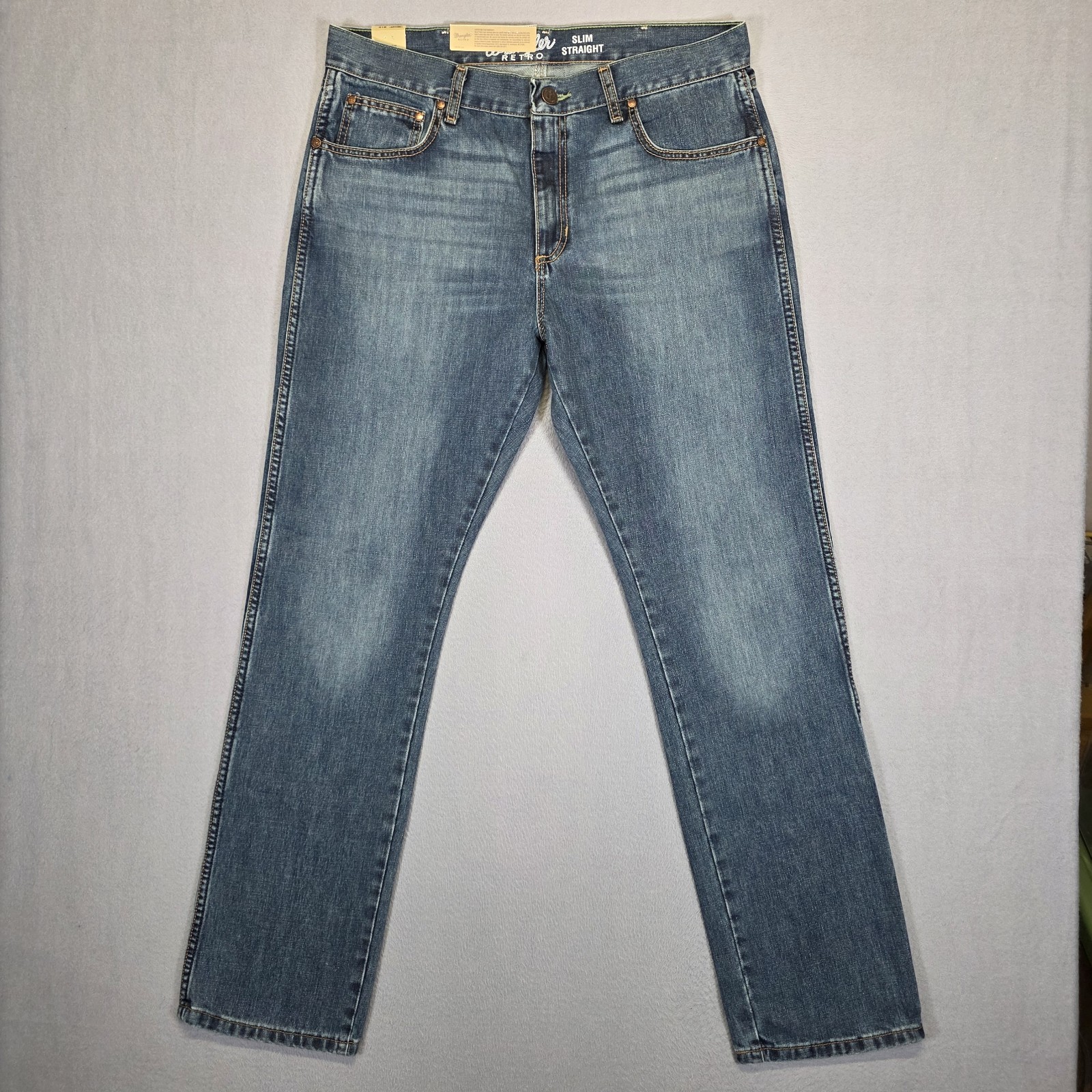 New Wrangler Retro Jeans Mens 35×34 Blue Slim Straight Western Medium Wash Denim
