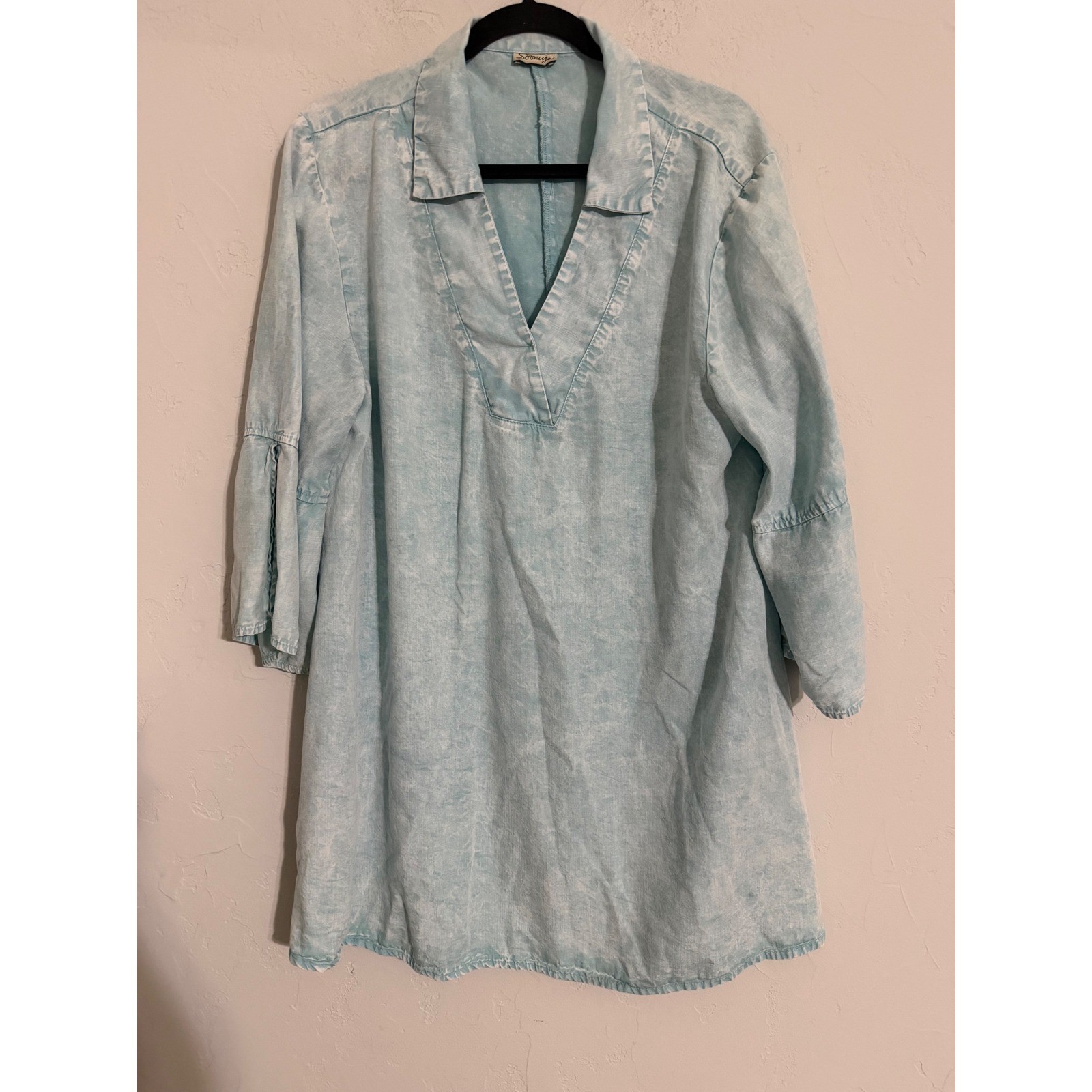 Sooniya Womens Light Blue Acid Wash Tencel Cotton V-Neck Tunic Top or DressLarge