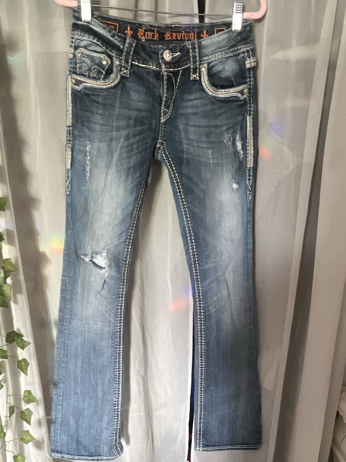 Rock Revival Women’s Bootcut Regular Fit Medium Wash Blue Denim Jeans Distressed