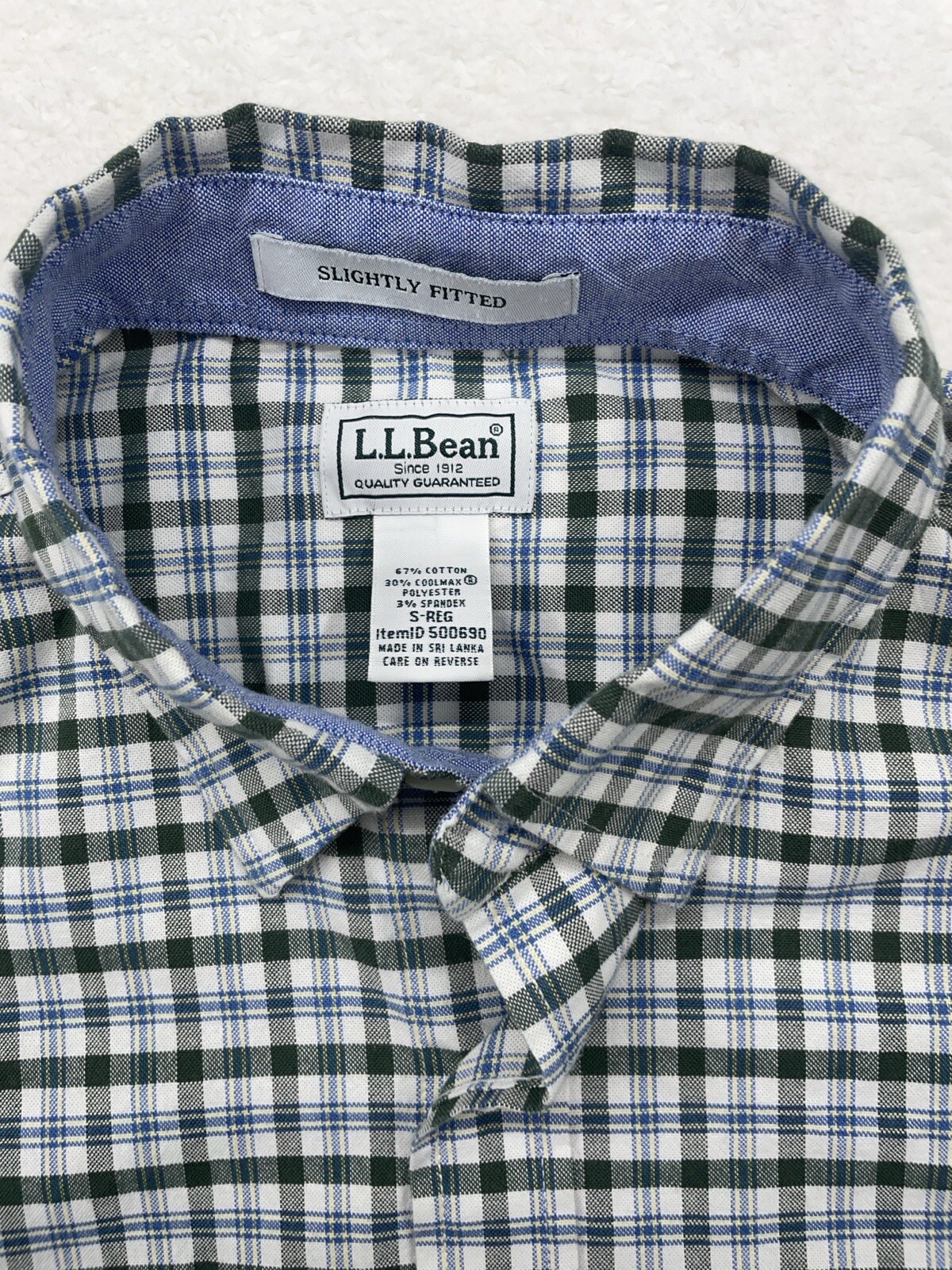LL Bean Mens S Green Plaid Coolmax Stretch Slightly Fitted Button Down Shirt