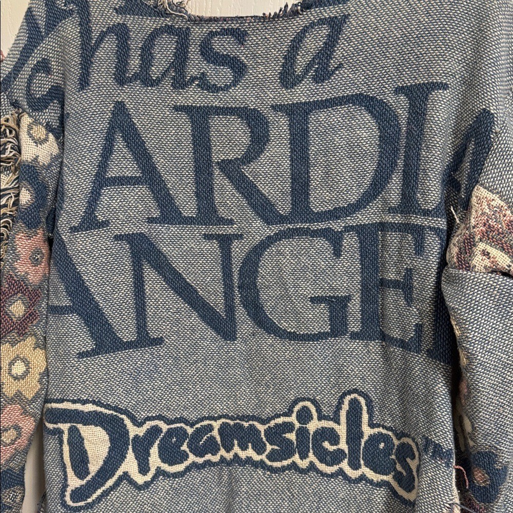 RARE! Dreamsicle Tapestry Sweater Cherub Long Sleeve V-Neck Distressed Fringe