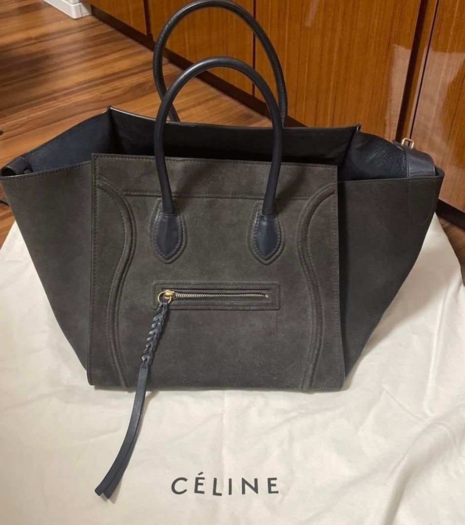 CELINE Luggage Phantom Suede Smoky Navy Gray Leather Bag Italy w/Dust Bag Rare