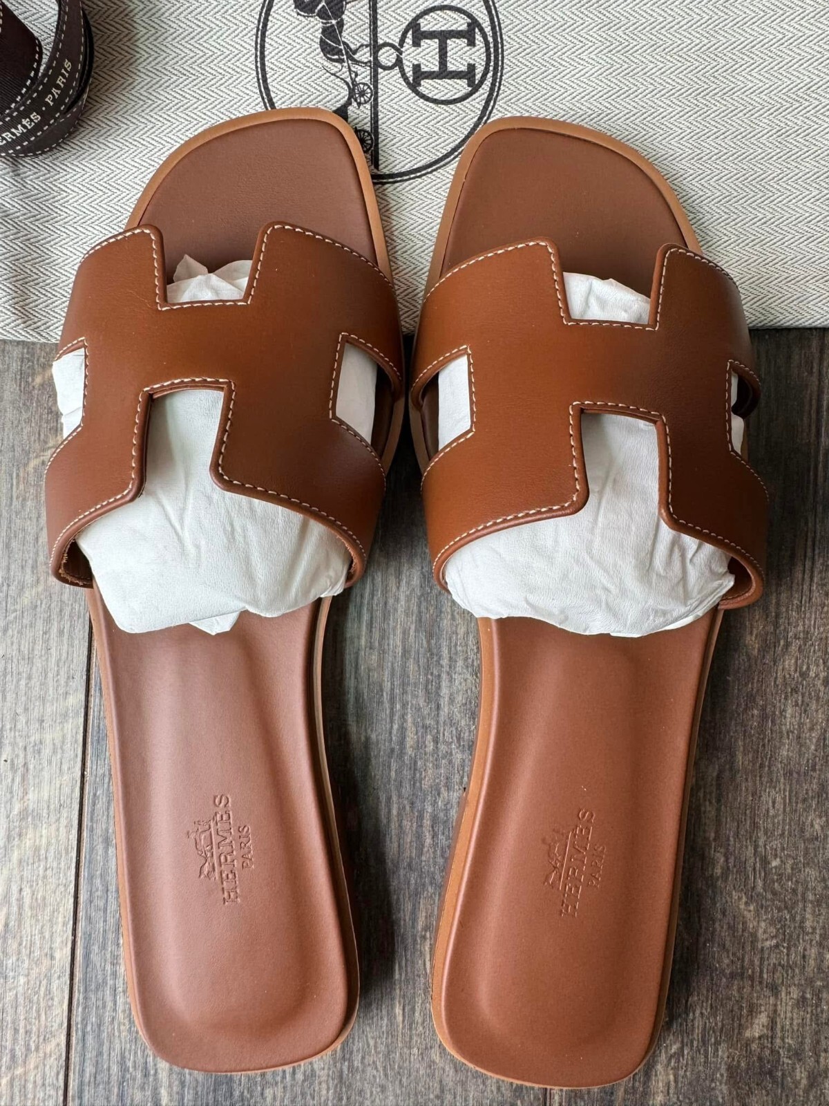 Multiple Size Brand New Auth Hermes Oran Sandals Gold Brown 37 38 39 40 41