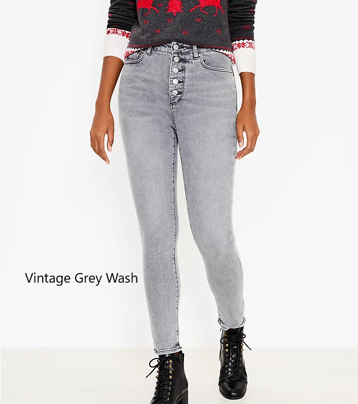 Loft Women Button Front High Rise Skinny Jean Vintage Grey 0,2,4,6,8,10,12,14,16