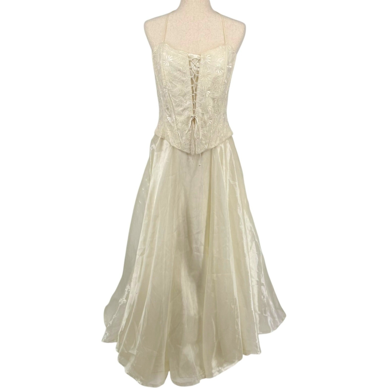 VTG 90s y2k Women’s Cream Floral Dalia Drop Basque Waist Corset Halter Dress XL