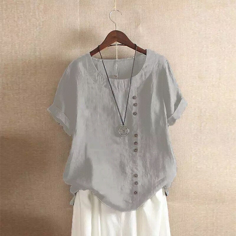 Summer Womens Cotton Linen Tunic Blouse Tops Short Sleeve Shirt Casual
