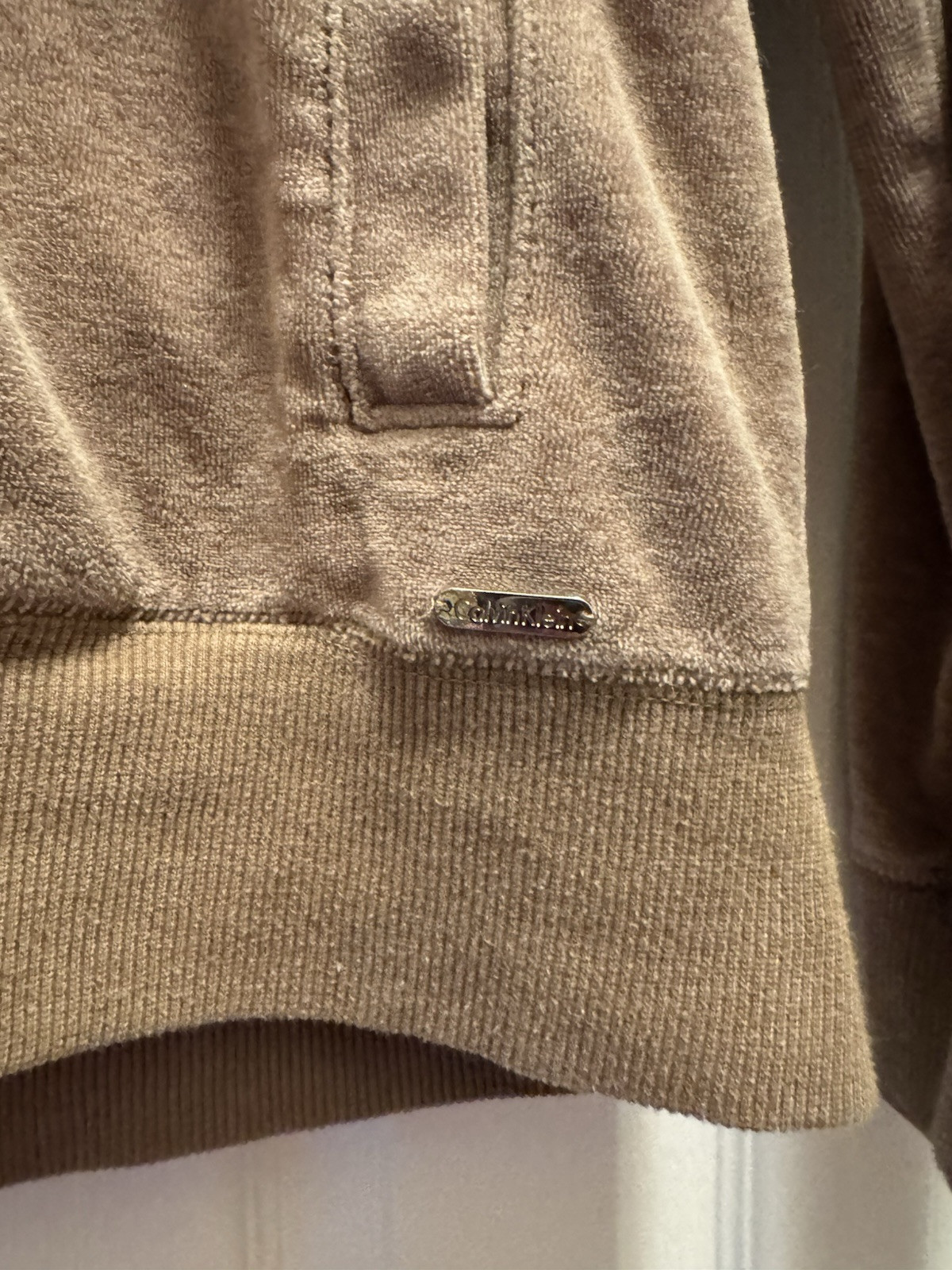 Calvin Klein Womens Velour Hoodie M Brown Rhinestone Logo Zip Up Jacket Soft