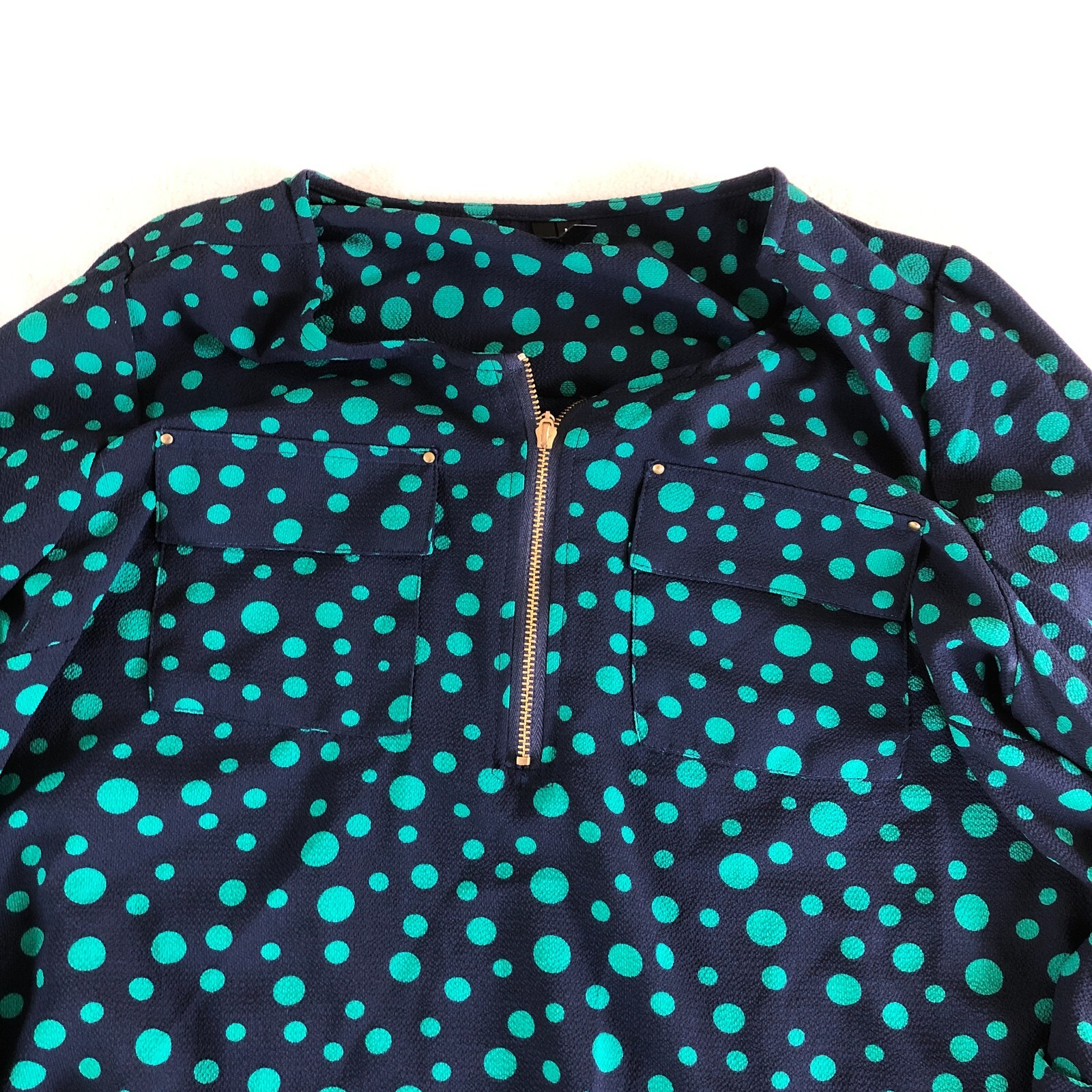 Cathy Womens Top Sz M Blue Polka Dot Front Zip 3/4 Sleeve Pockets Stretch NWOT