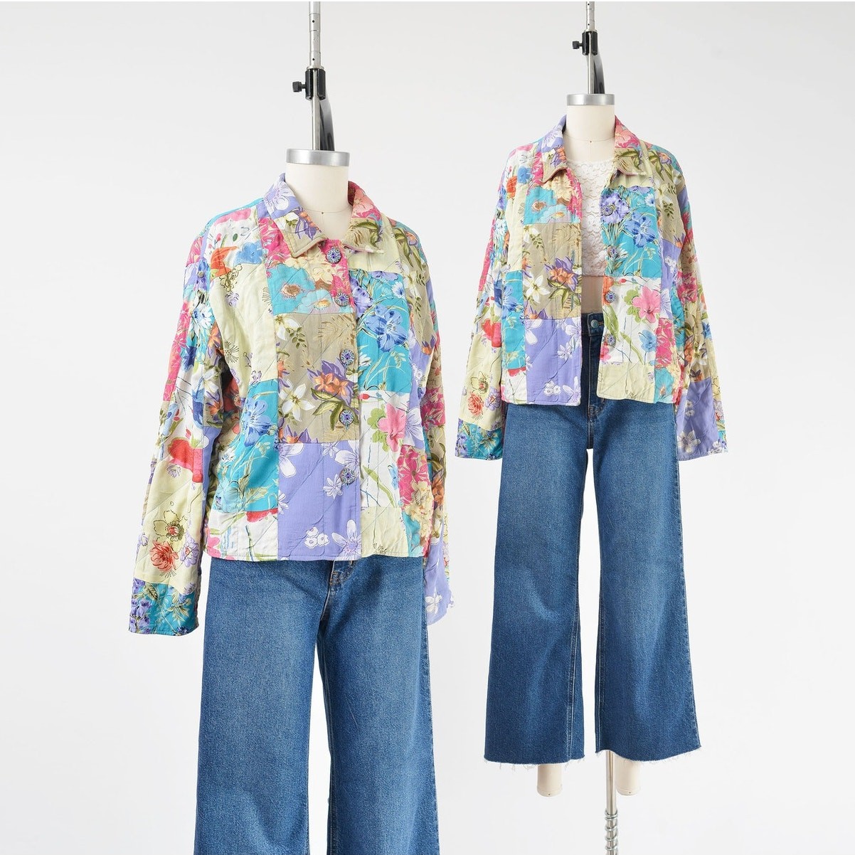 Vintage 90s Colorful Floral Quilted Patchwork Cottagecore Boho Jacket M