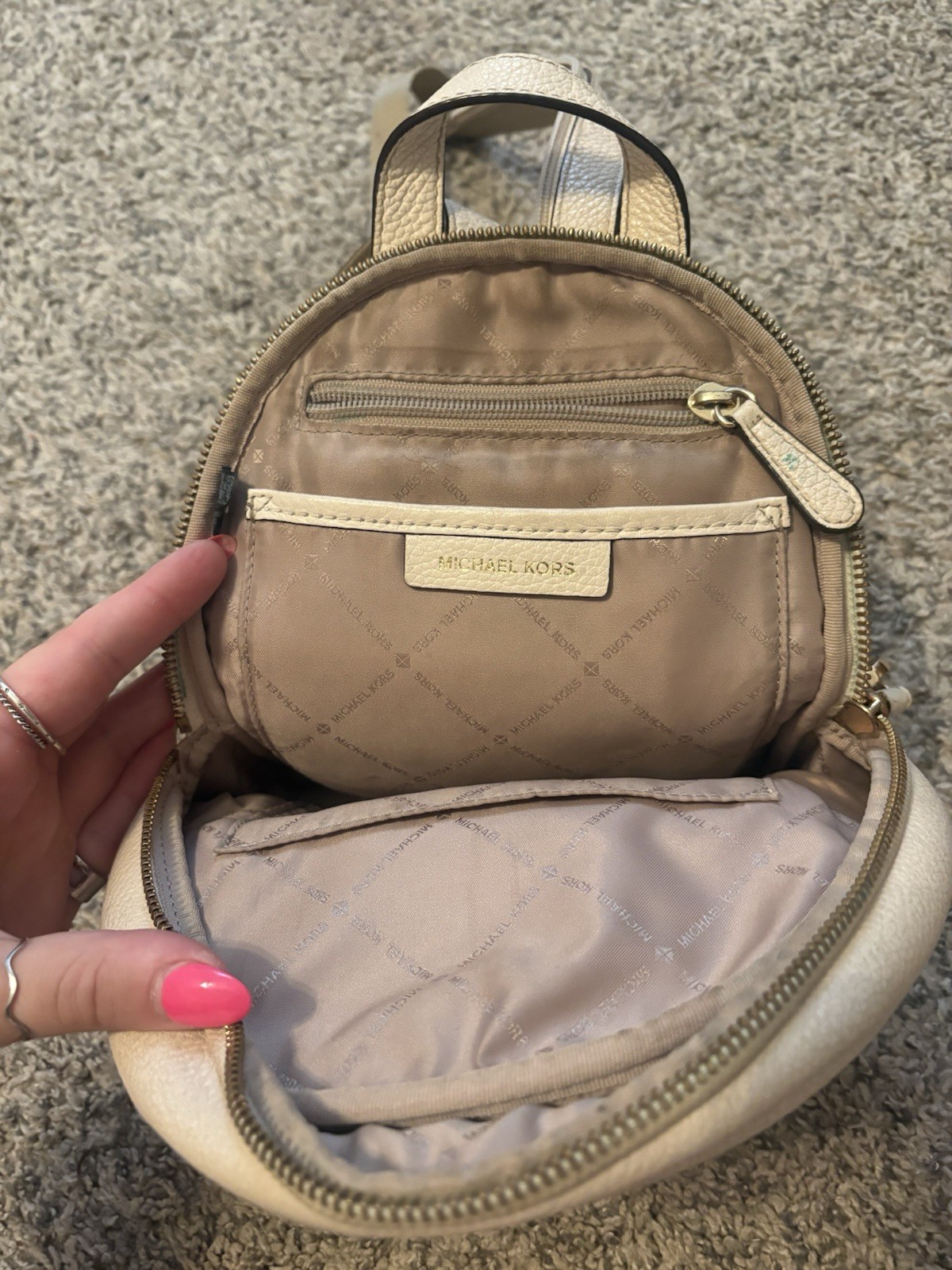 Michael Kors Beige Small Mini Backpack Pebbled Gold Hardware Zip Pockets