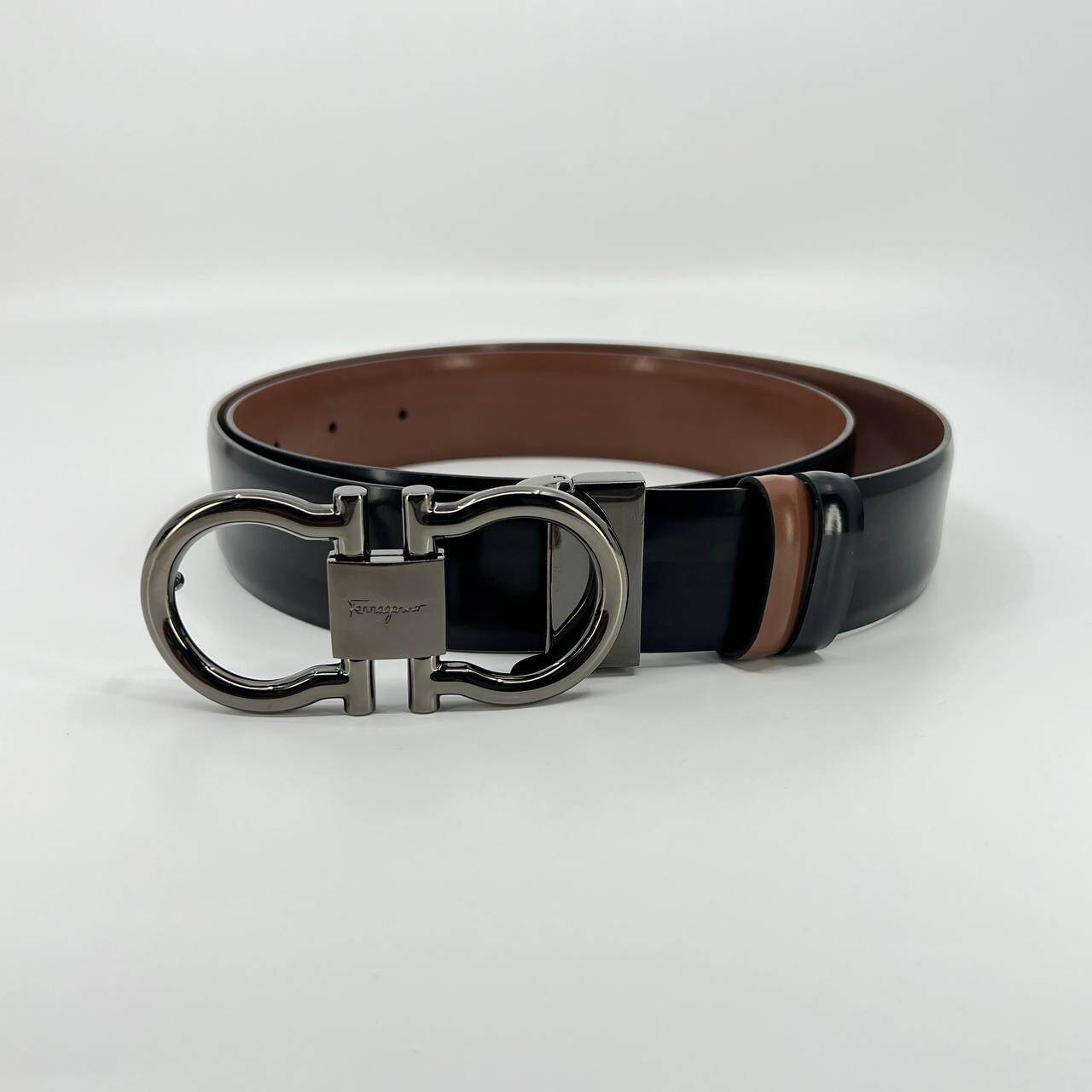 Authentic SALVATORE FERRAGAMO men’s patent leather belt black brown reversible