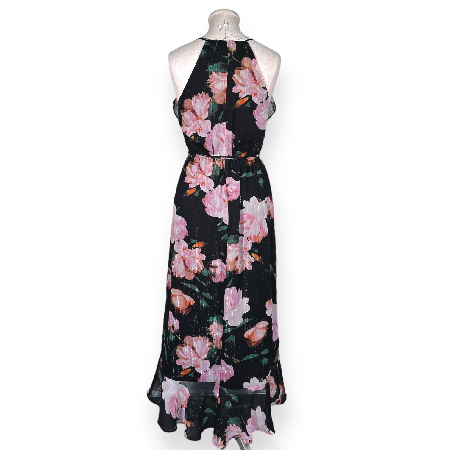 JENNIFER LOPEZ Faux Wrap Shimmer Floral Midi Dress Ruffle Tier Cascade Flirty 2