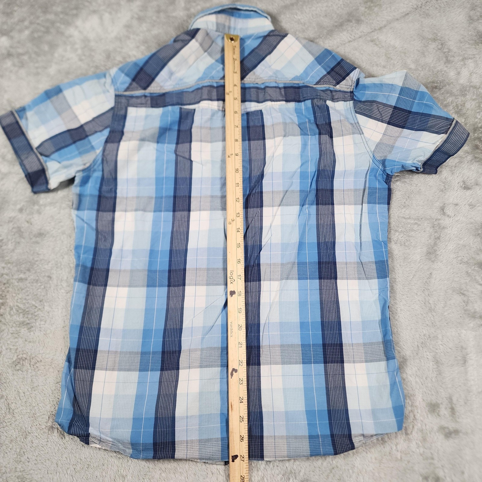 7 Diamonds Shirt Mens Large Blue Plaid Short Sleeve Button Up Snap Pockets Trim