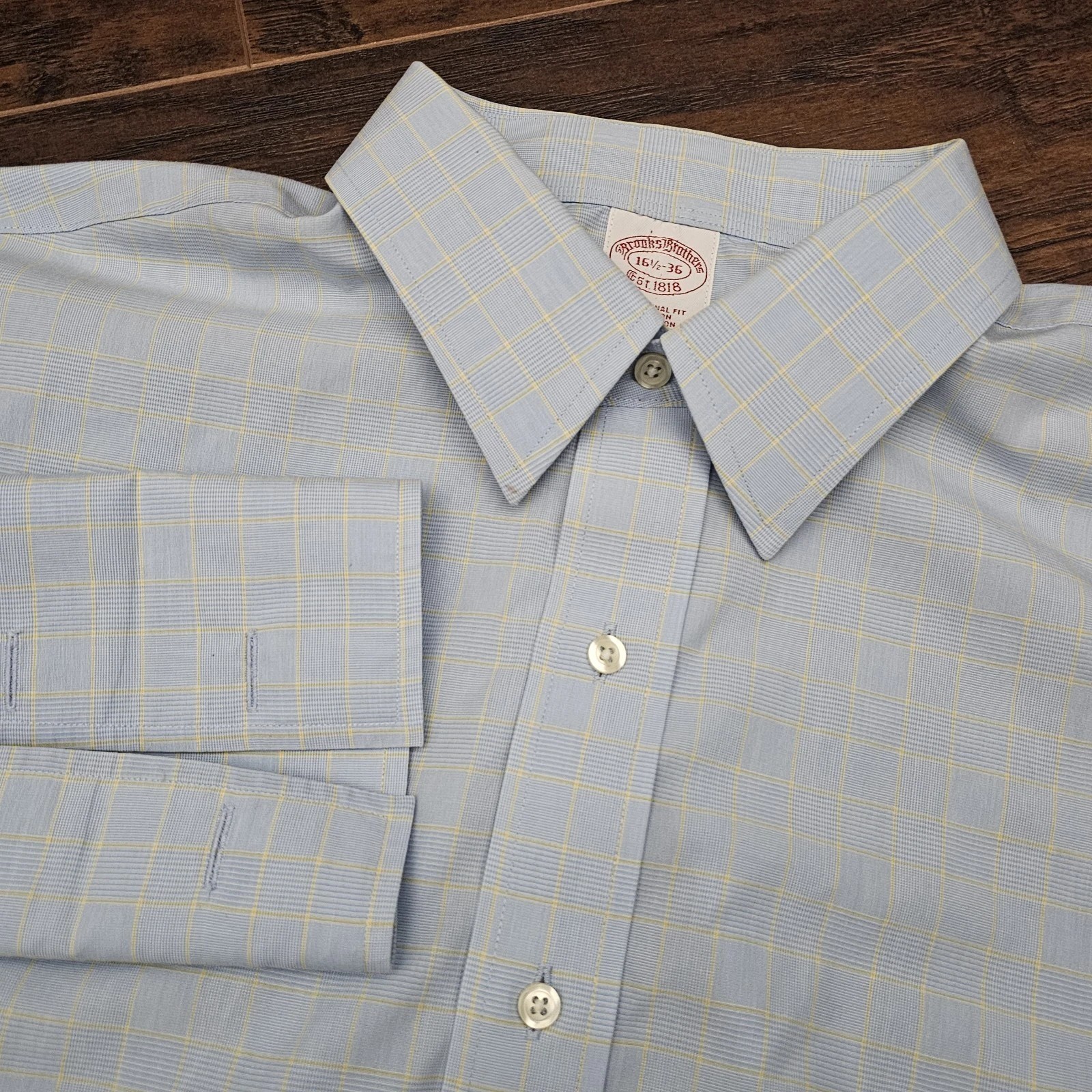 Brooks Brothers Mens 16.5-36 Oxford LS Blue Yellow Double Cuff Button Up Shirt