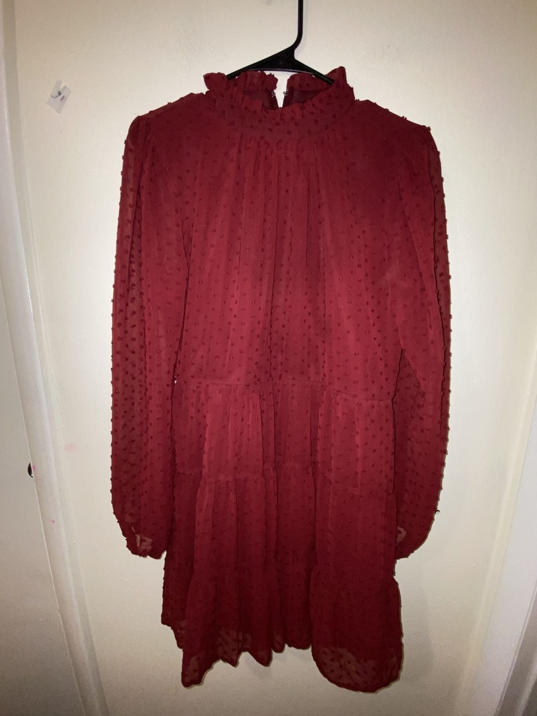 Trixxi Burgundy Clip Dot Long Sleeve Tiered Mini Dress