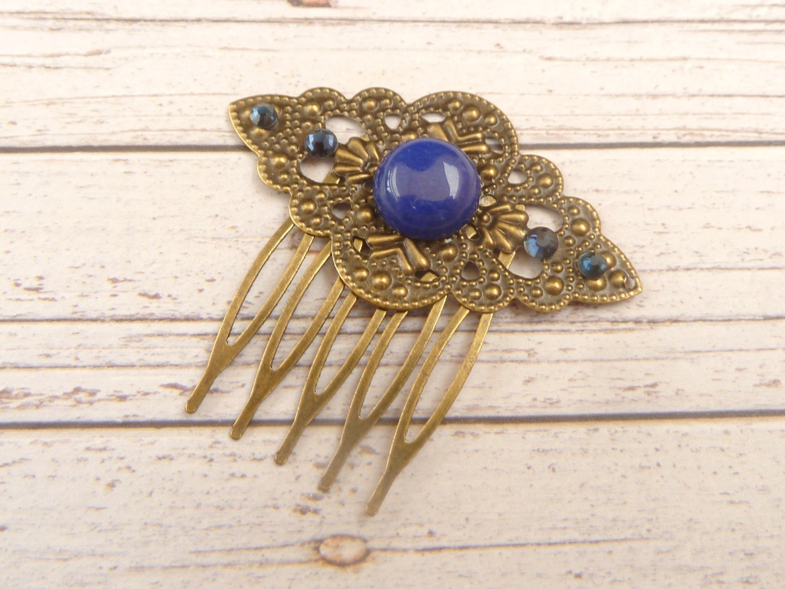 Small Gemstone Hair Comb with Lapis Lazuli Bronze Tone Unique Hair Accessories