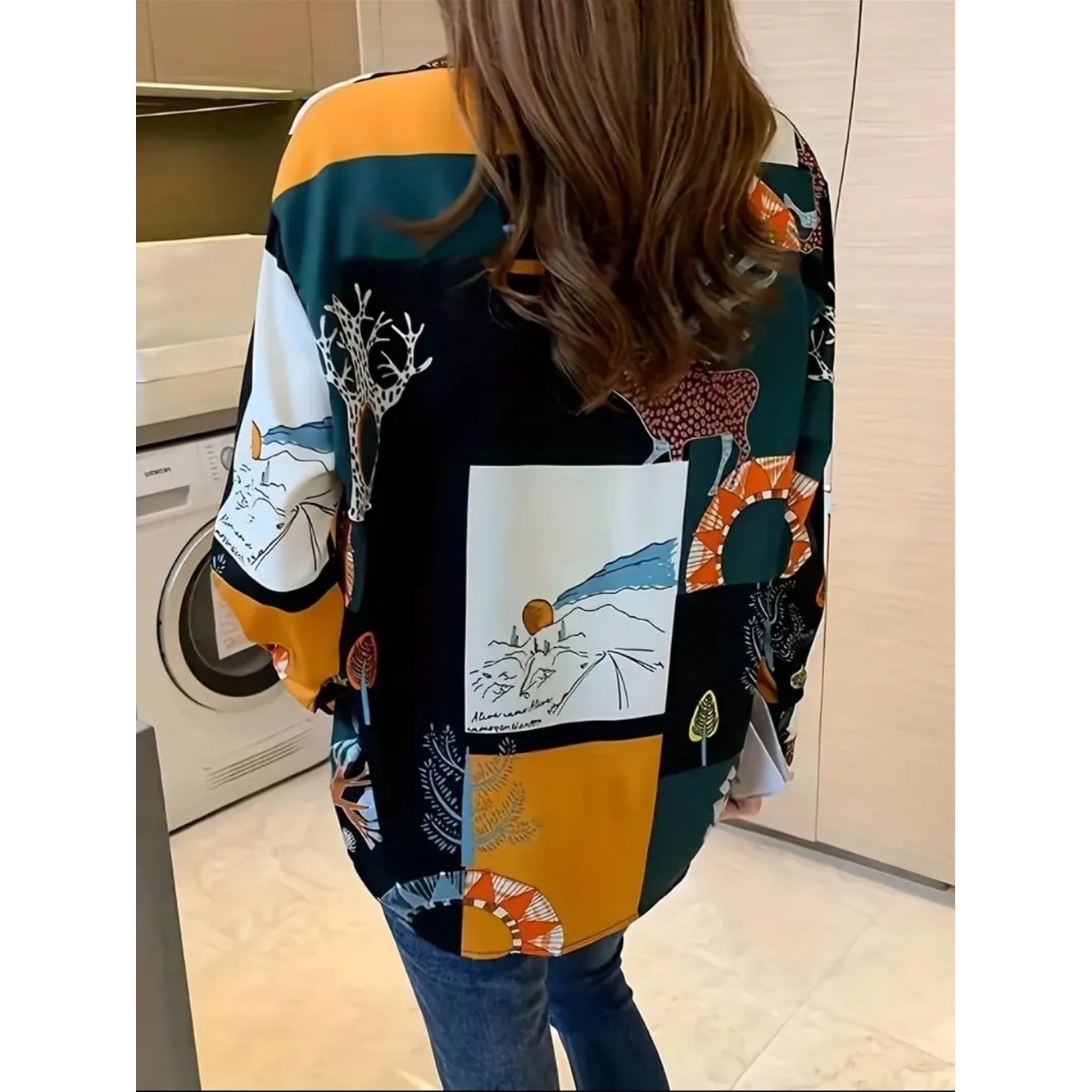 Graphic Patchwork Button-Up Shirt in Black, Teal & Orange