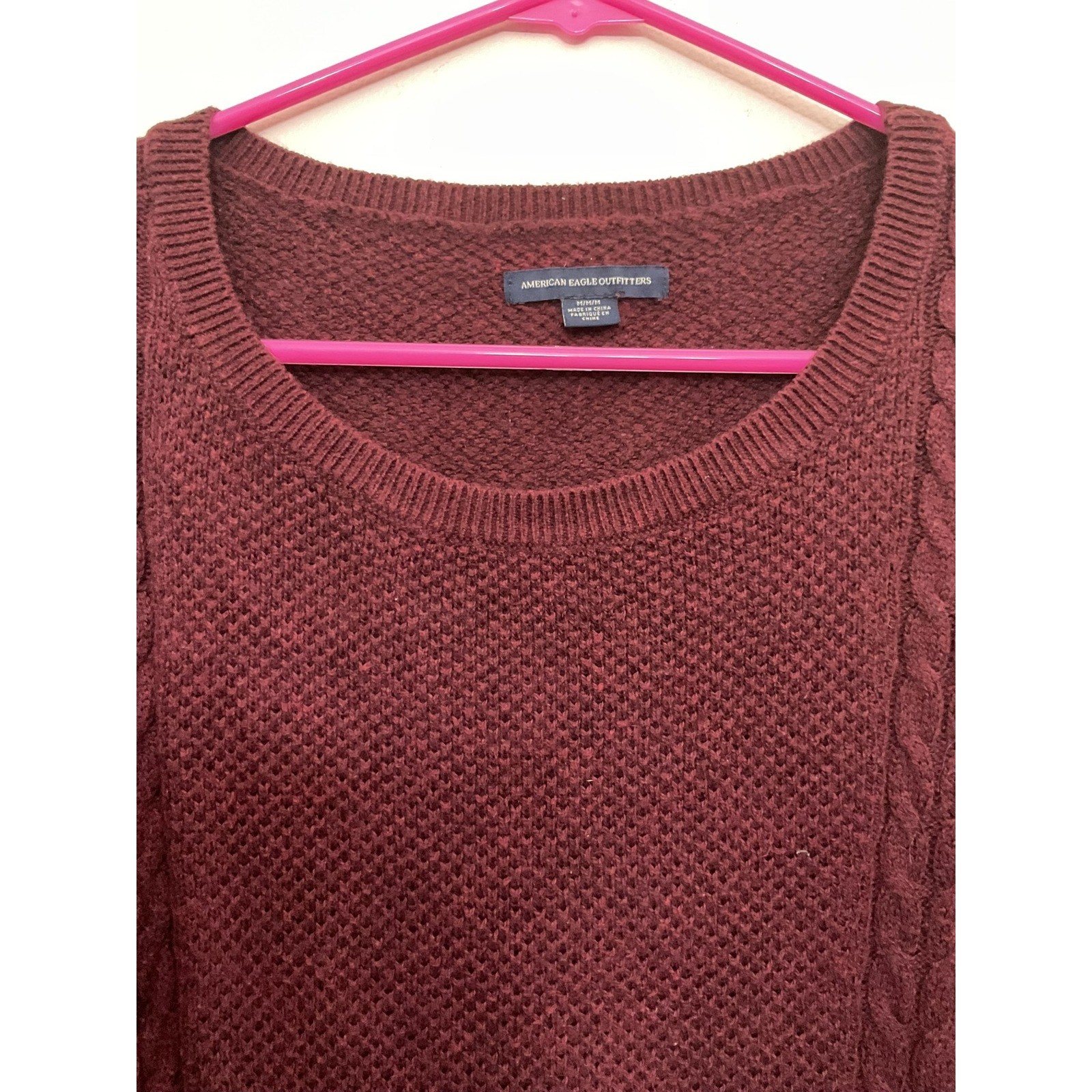 American Eagle Outfitters Sweater Medium Burgundy Cable Knit Pullover LS