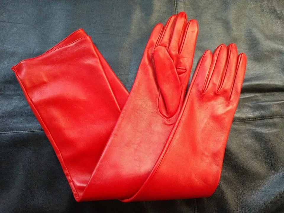 23″ LONG – SIZE 7.5 RED KID Leather Gloves Unlined ITALY – EVENT ROMANTIC FORMAL