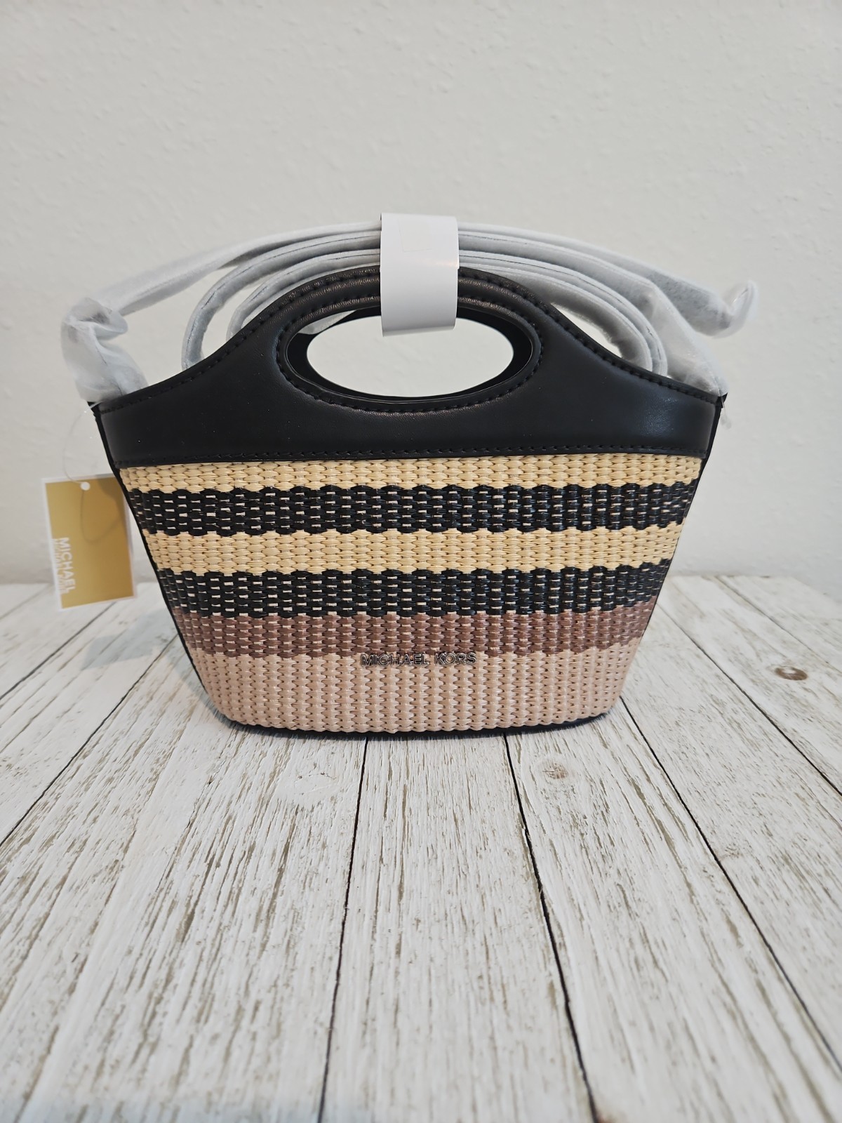 NWT Michael Kors Tatum Small Striped Woven Crossbody Bag In Black 35S6STAC1W