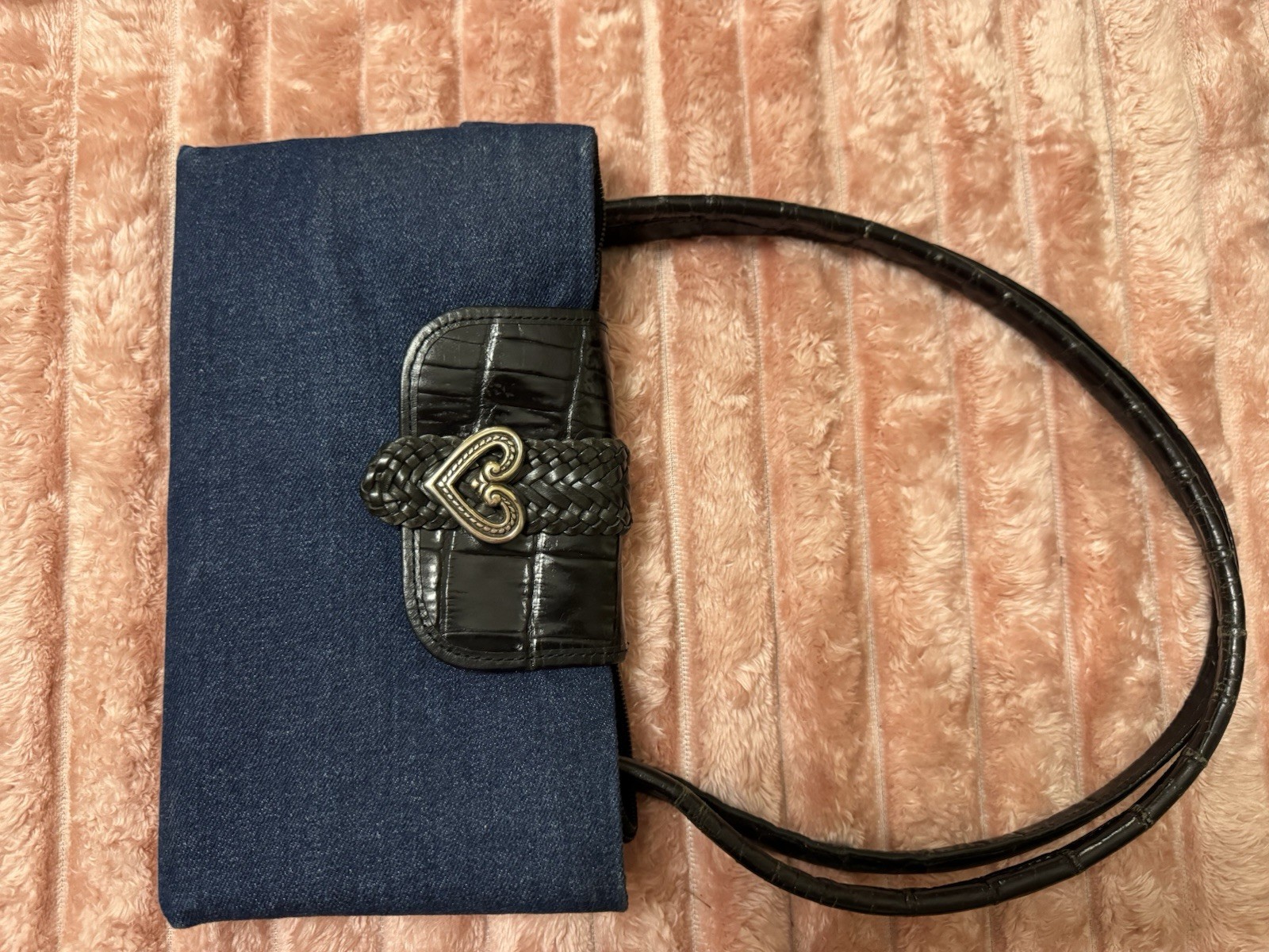 Brighton Blue Tote Bag Black Trim Heart Braid Zip Snap Silver Hardware Charm