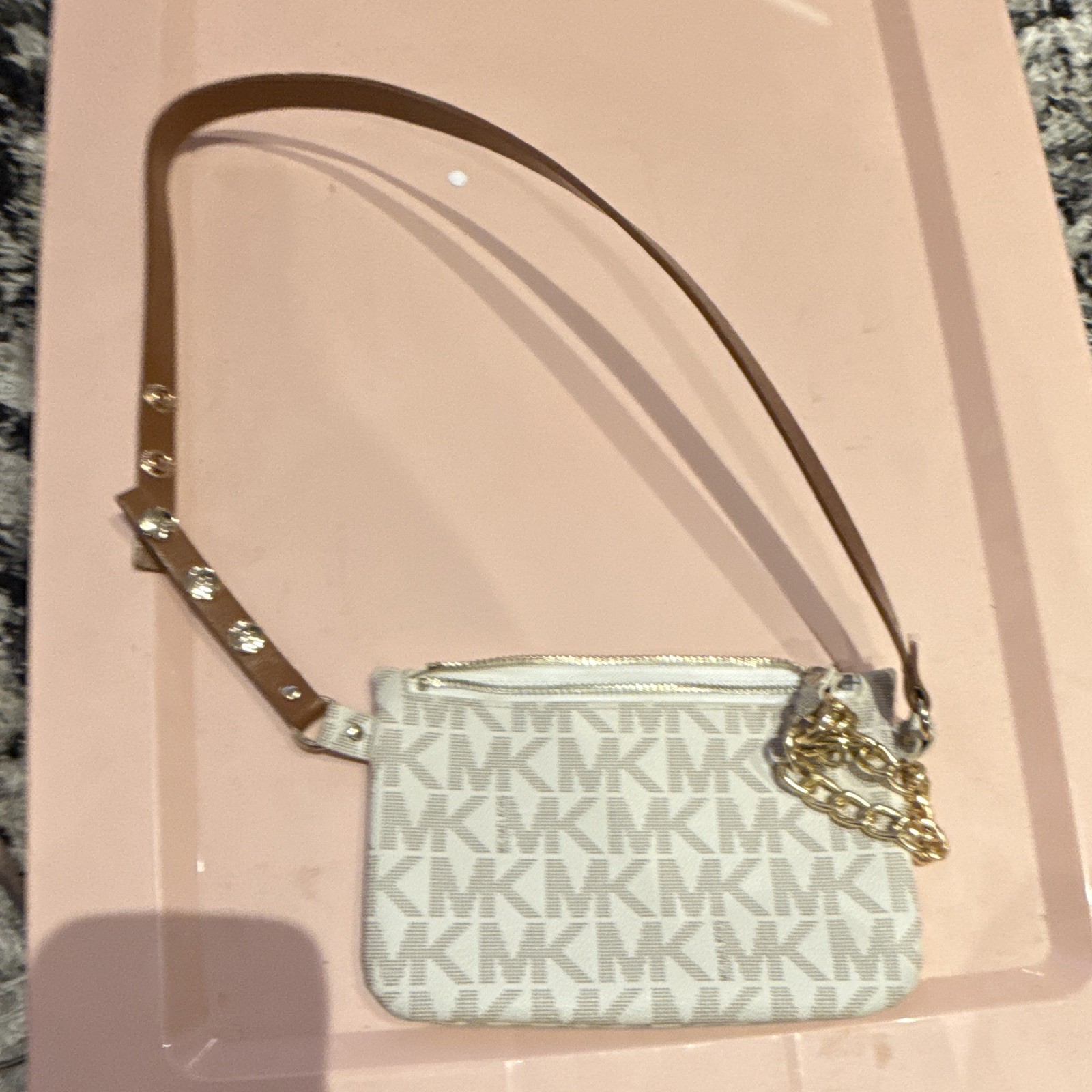 Michael Kors MK Logo Zip Pouch Wallet Wristlet w/ Gold Chain, White/Beige