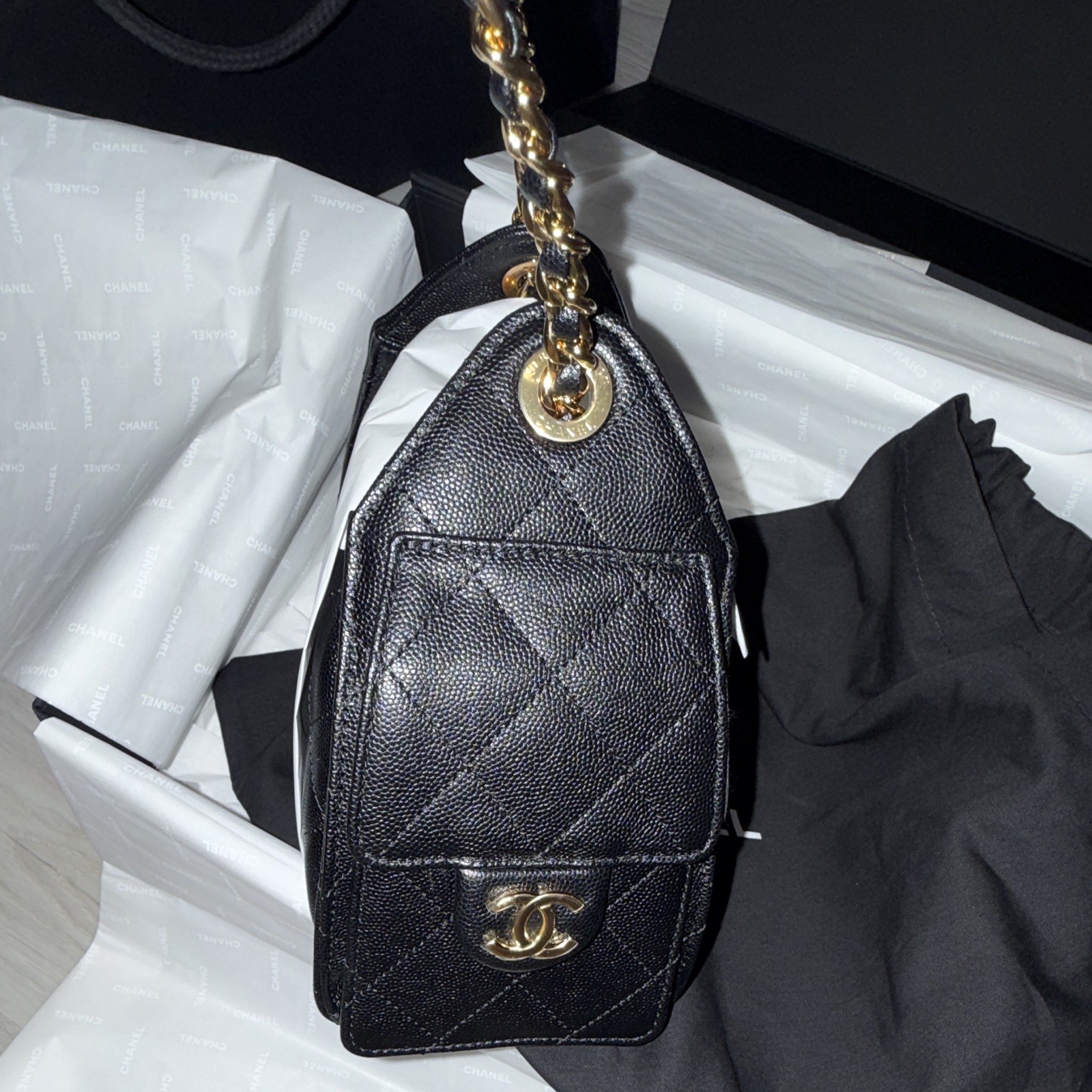 Chanel Mini 25 Hobo Bag Black Caviar Antique Gold Hardware