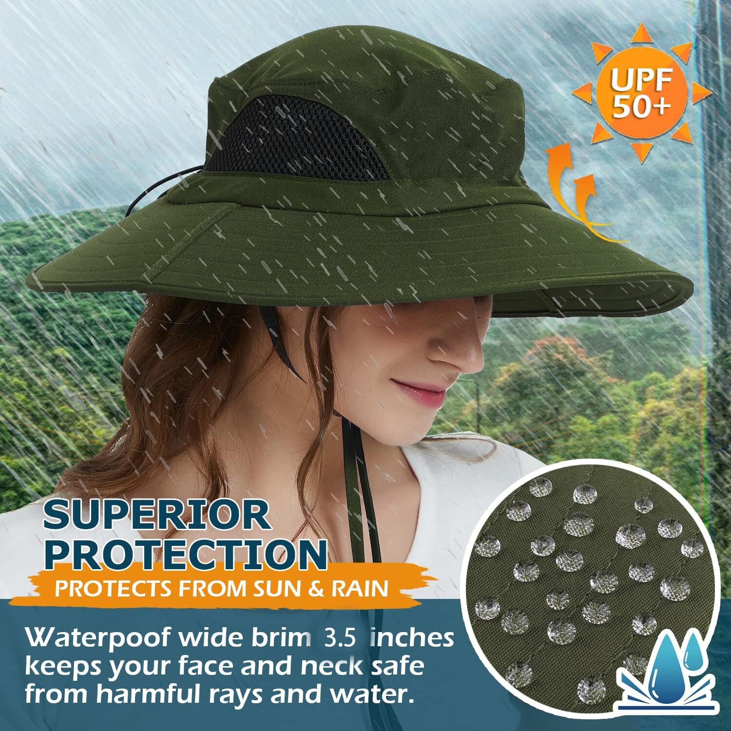 Wide Brim Bucket Hat Waterproof UPF50+ UV Sun Protection Cap for Fishing Hiking