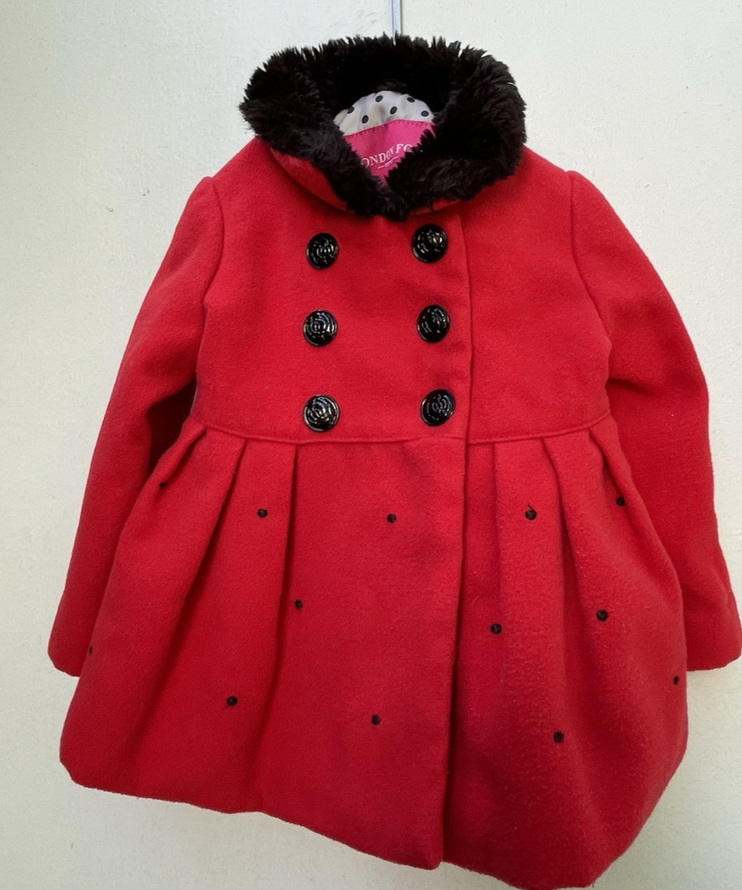 London Fog Baby Girl’s Coat Red with Black Faux Fur Trim Size 12 Months