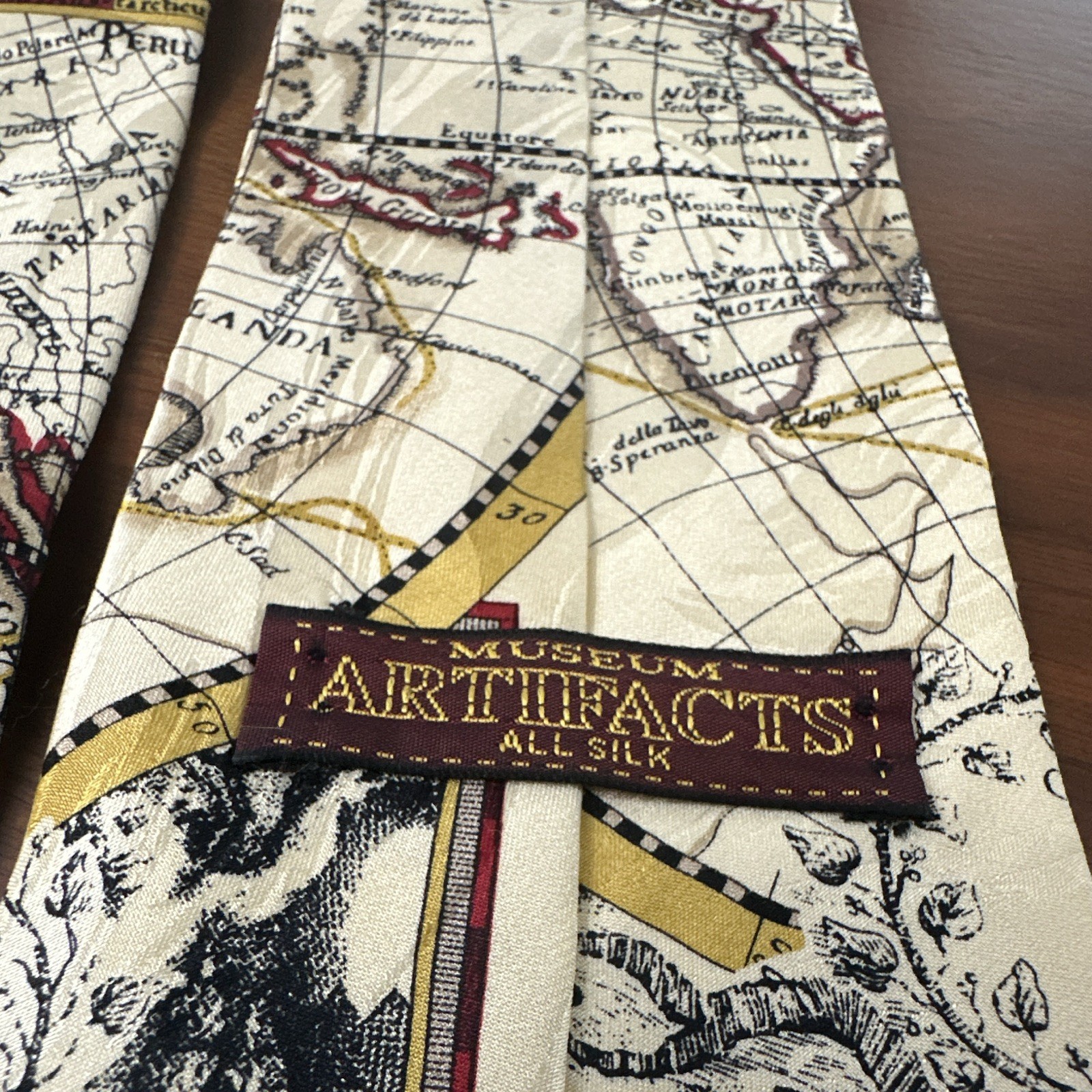 Museum Artifacts Men’s Silk Map Print Tie Beige Black Yellow Red Handmade Woven